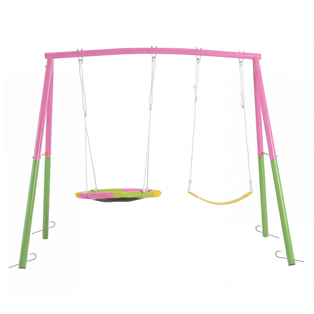 Swing Set for Backyard, 330lbs Swing Set with Heavy-Duty A-Frame Metal Outdoor Swing Stand, 1 Saucer Swing Seat & 1 Belt Swings Seat