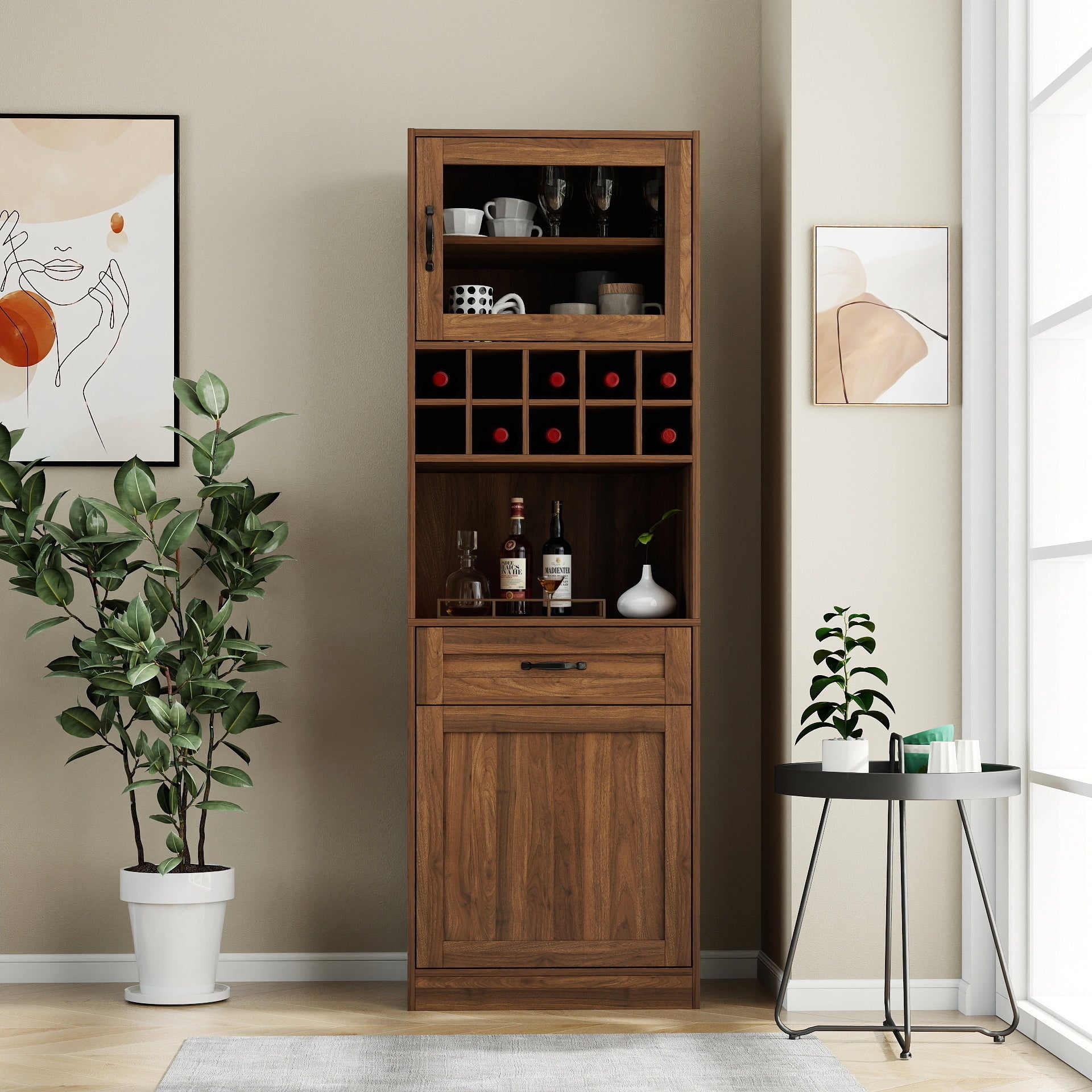 Kitchen pantry cabinet with multi-functional pull-out multi-tier storage shelf,Farmhouse Storage Cabinet with glass Doors,Pantry Organizers for Kitchen, bar cabinet,Dining Room