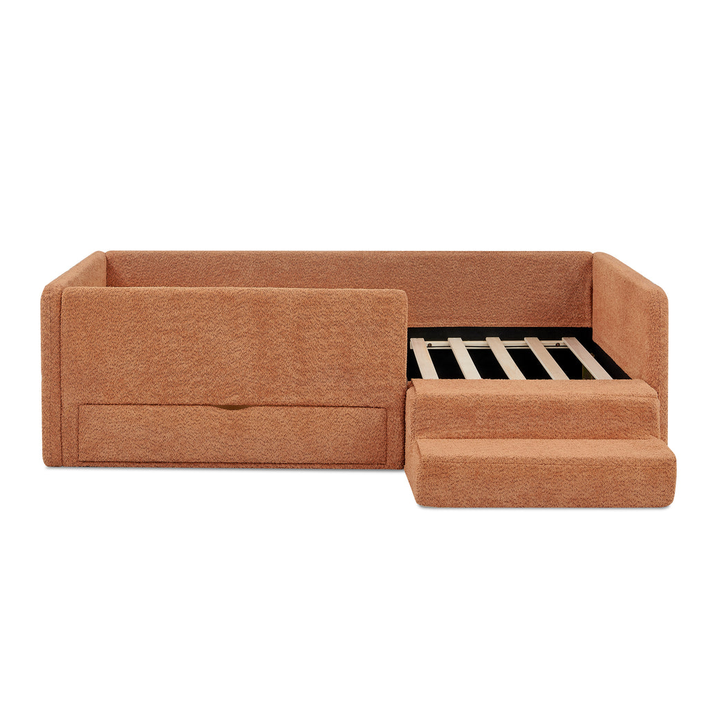 Twin Size Safe Cozy Kids Bed with Guardrails and Storage in Orange Boucle Fabric, 80.5''x44.5''x23''