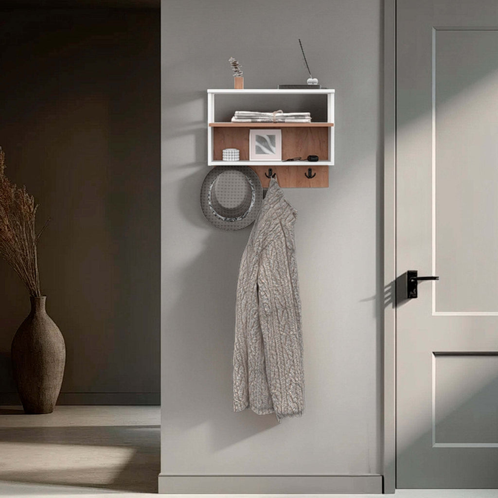 White and Natural Oak Wall-mounted Organizer with Open Storage