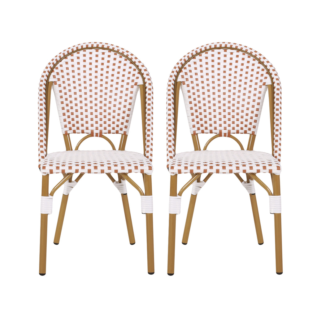 Outdoor PE Rattan and Aluminum French Bistro Chairs Set of 2 Rusted Red & White Bamboo Print Finish