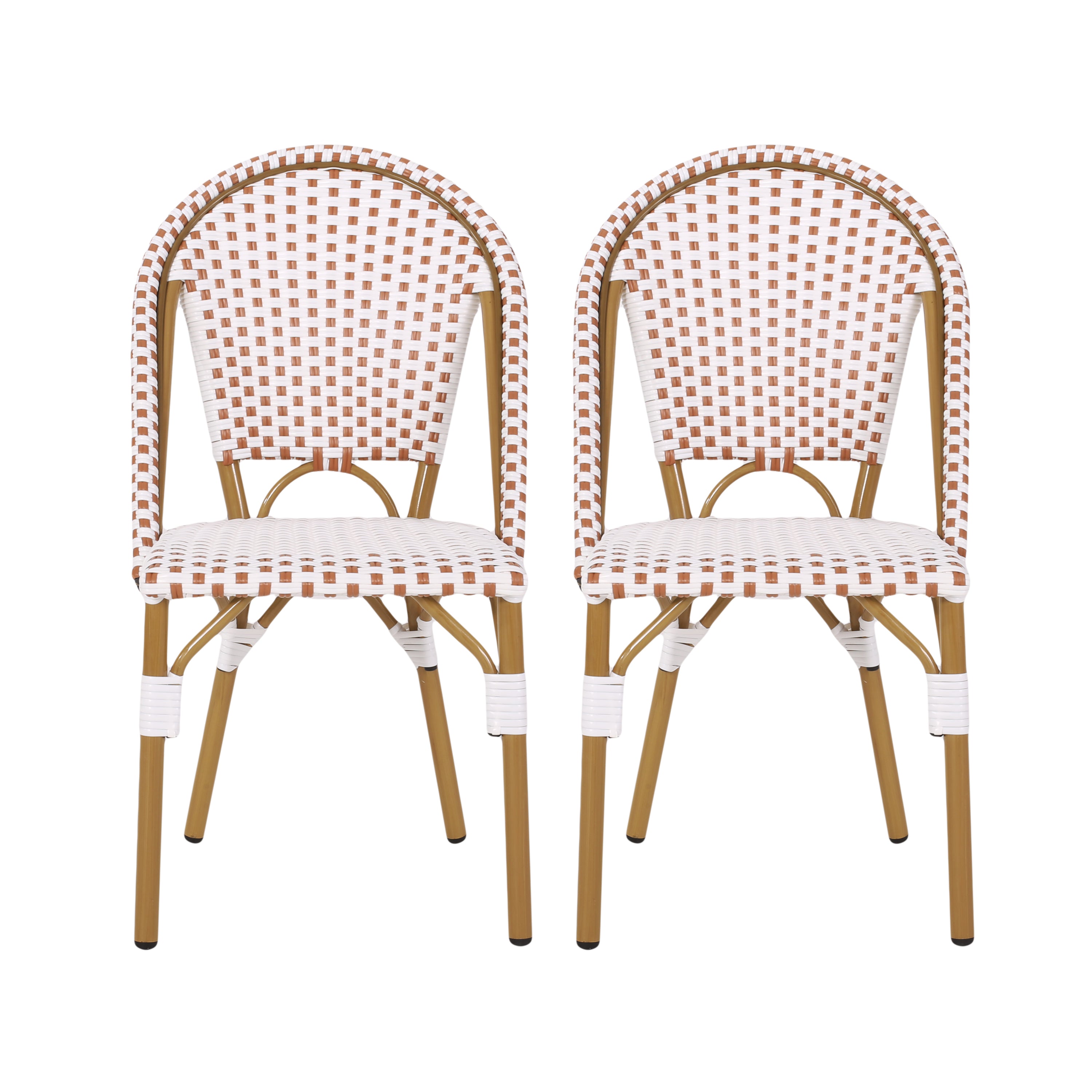 Outdoor PE Rattan and Aluminum French Bistro Chairs Set of 2 Rusted Red & White Bamboo Print Finish