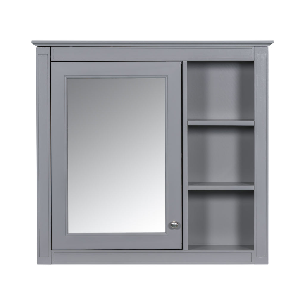 Modern Grey Wall-Mounted Medicine Cabinet with Mirror and 3 Open Shelves, 30'' x 28'' MDF & Glass Storage Cabinet