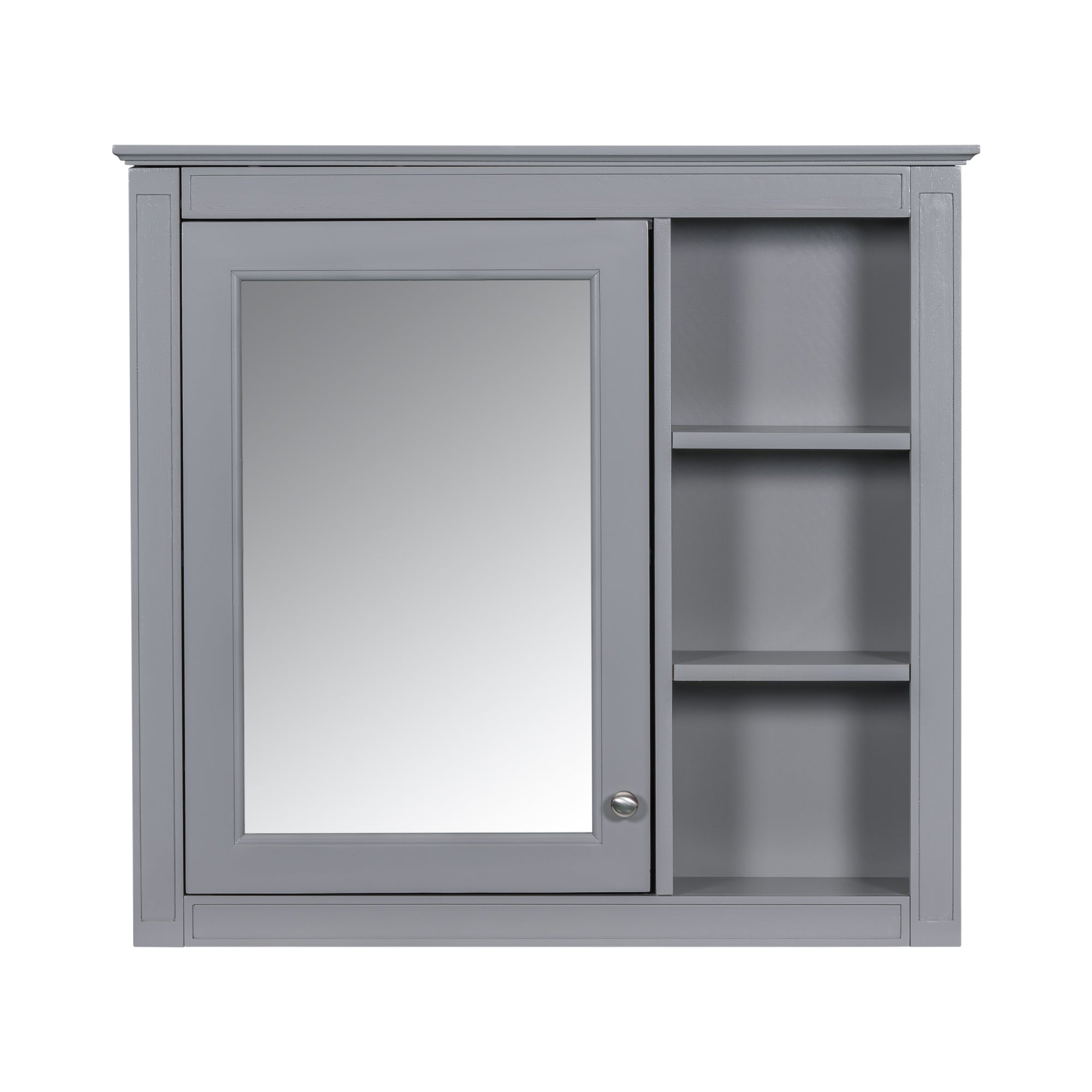 Modern Grey Wall-Mounted Medicine Cabinet with Mirror and 3 Open Shelves, 30'' x 28'' MDF & Glass Storage Cabinet