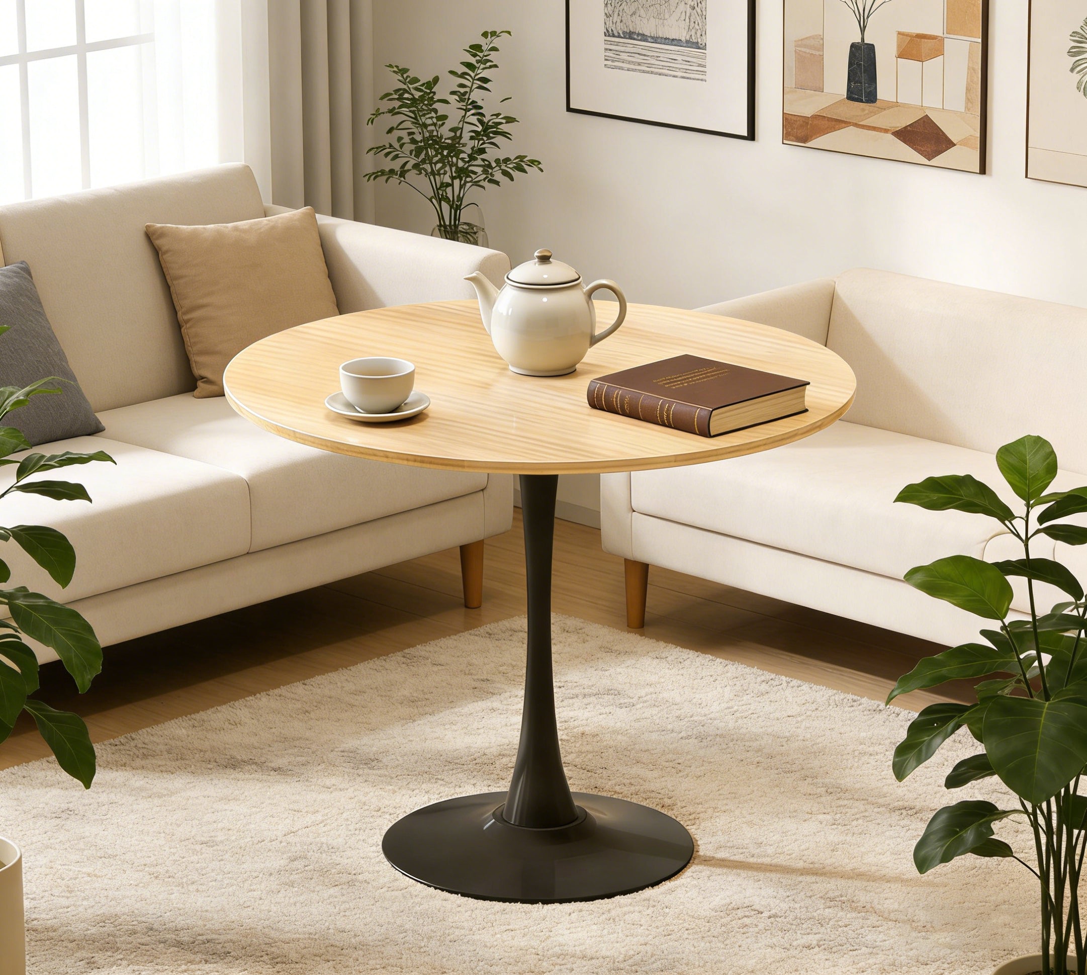 (Natural Wood Color) Round Table, ∅31.5'' Modern Dining Table, Dining Table,MDF Top and Steel Base Tulip Round Kitchen Table,Kitchen Table, Mid Century Coffee Table for Living Room, Oval Dining Table