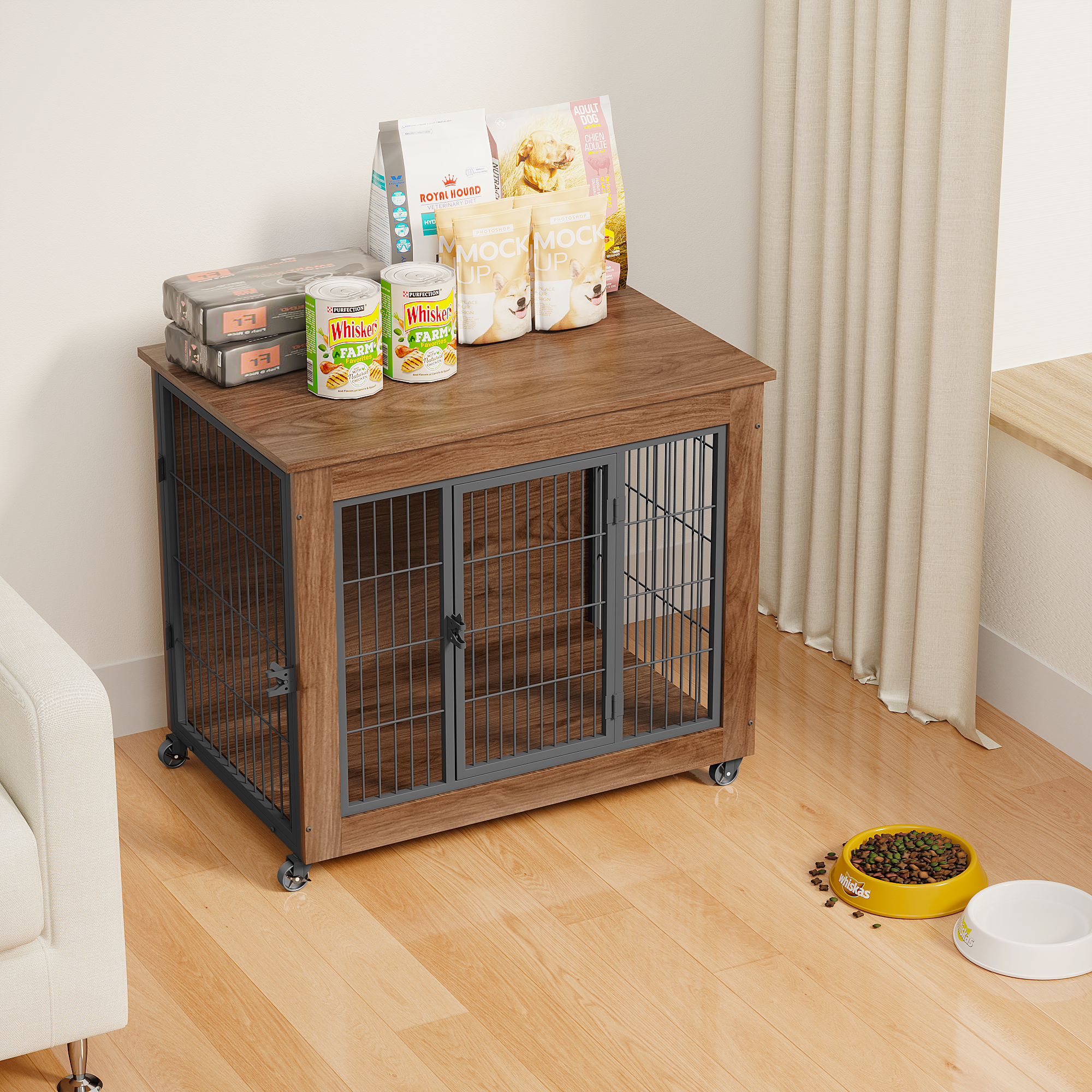 32.5' Dog Crate Furniture with Wheels for Small Dogs, Heavy Duty Dog Kennel Indoor with 2 Doors, Wooden Pet Cage End Table, Double-Doors Sturdy Metal Dog Cage for Anxiety Dog