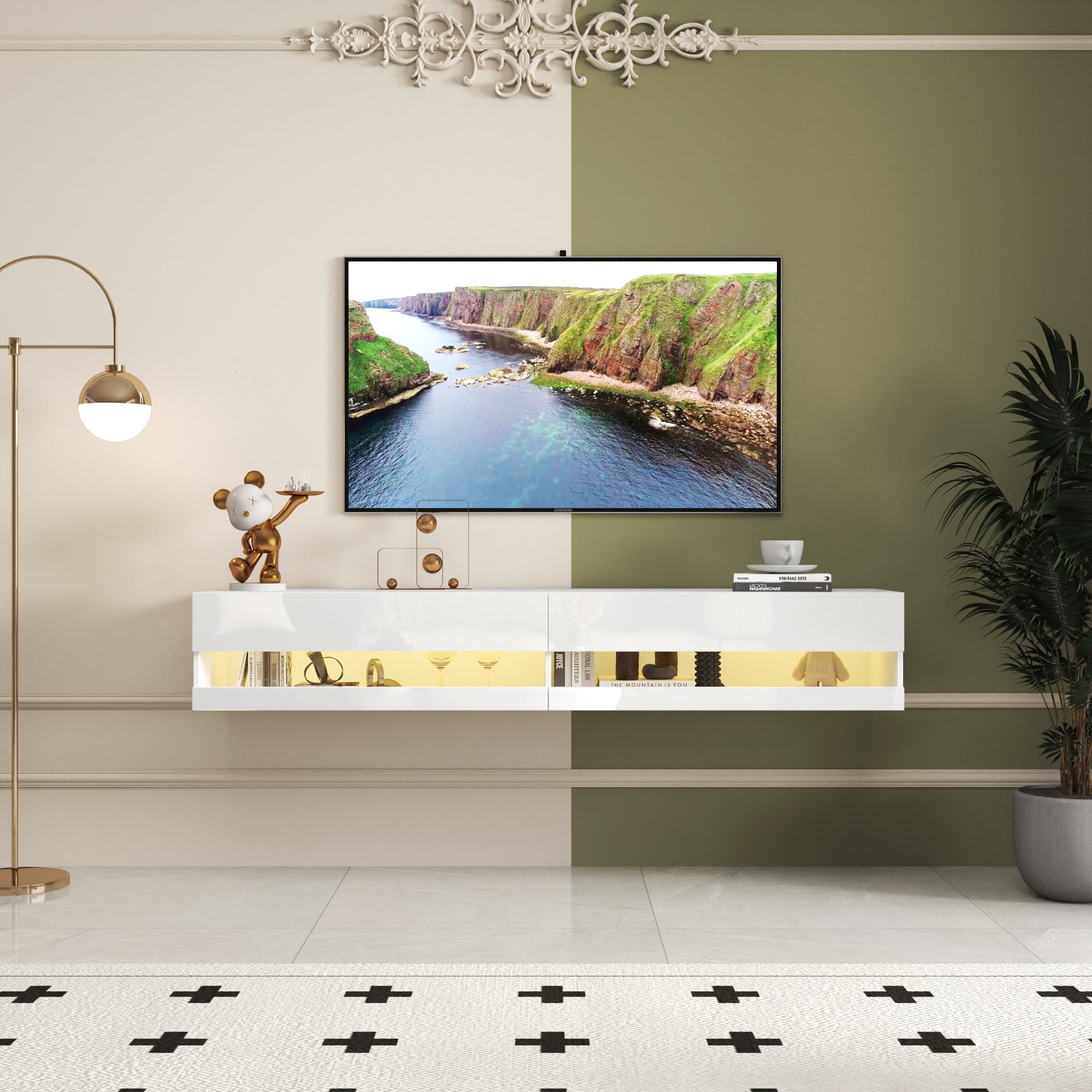 180 Wall Mounted Floating 80' TV Stand with 20 Color LEDs  and  Charging Station