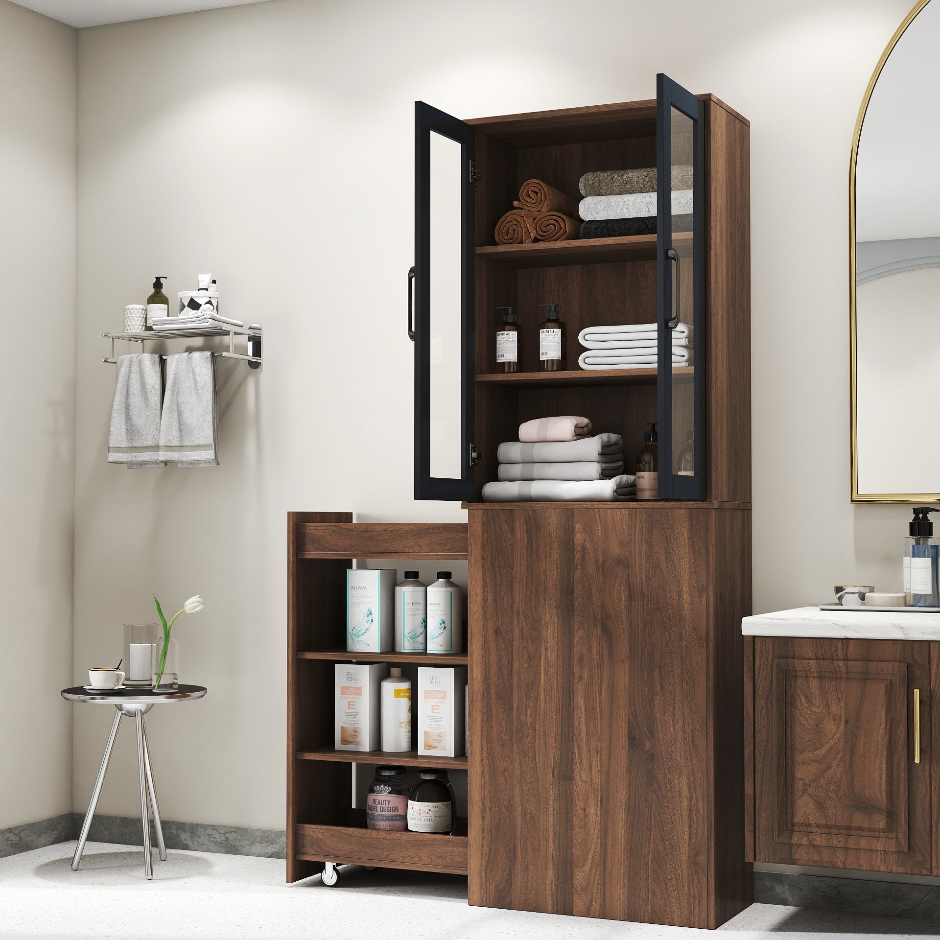 70.87' H Display Storage  Cabinet , 4 Tier multi-functional pull-out multi-tier storage shelf & 2 Glass Doors, Modern Wooden  Kitchen Pantry Cabinet for Living Room or Kitchen and Dinning Room