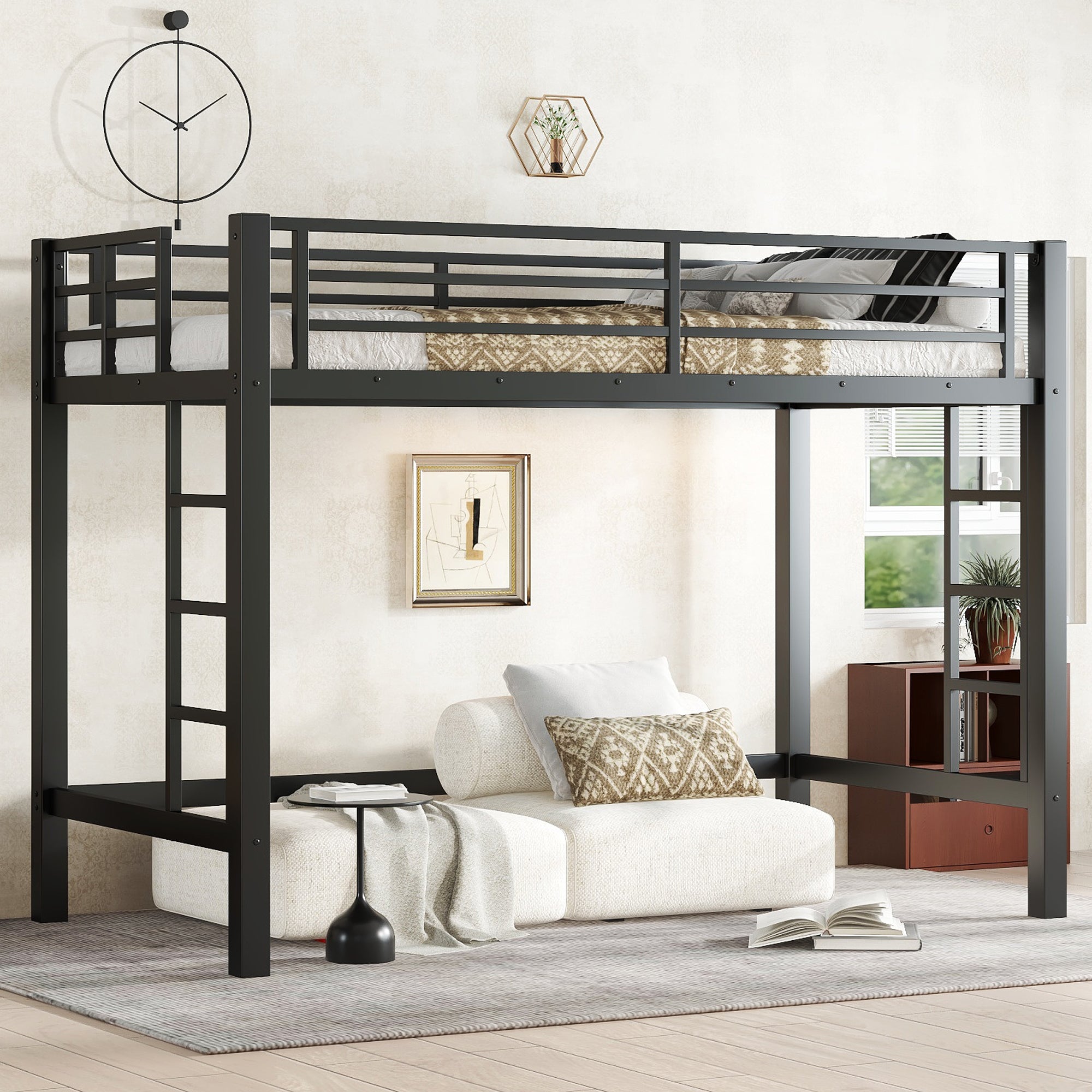 Twin  XL Size Metal Loft Bed, Loft Bed with Easy Climbing Ladder and Guardrails , Black