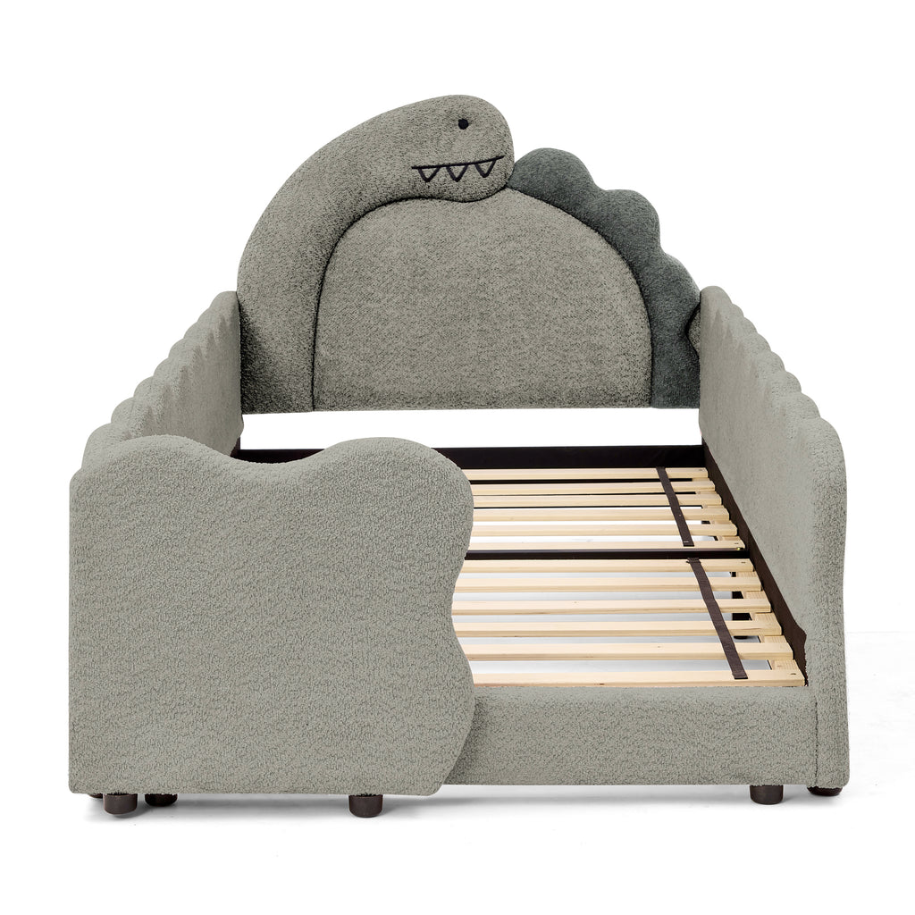 Twin Size Cute Dinosaur-Shaped Kids Bed with Safety Guardrail, Solid Wood Frame in Grey Boucle Fabric, 80L x 43W x 37.5H