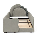 Twin Size Cute Dinosaur-Shaped Kids Bed with Safety Guardrail, Solid Wood Frame in Grey Boucle Fabric, 80L x 43W x 37.5H