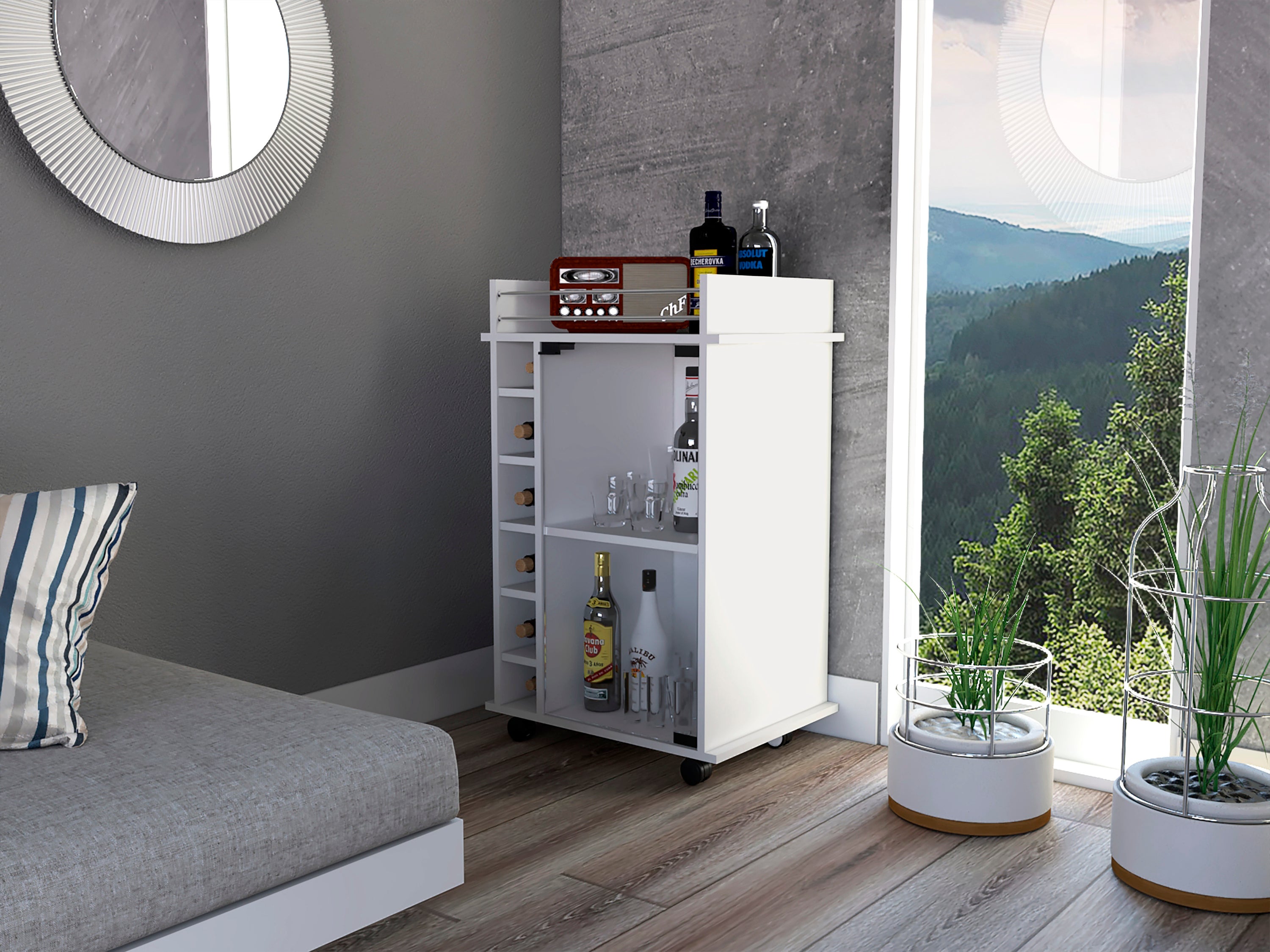 Dukat Bar Cart,Two Shelves, Six Built-in Wine Rack, Four Casters -White