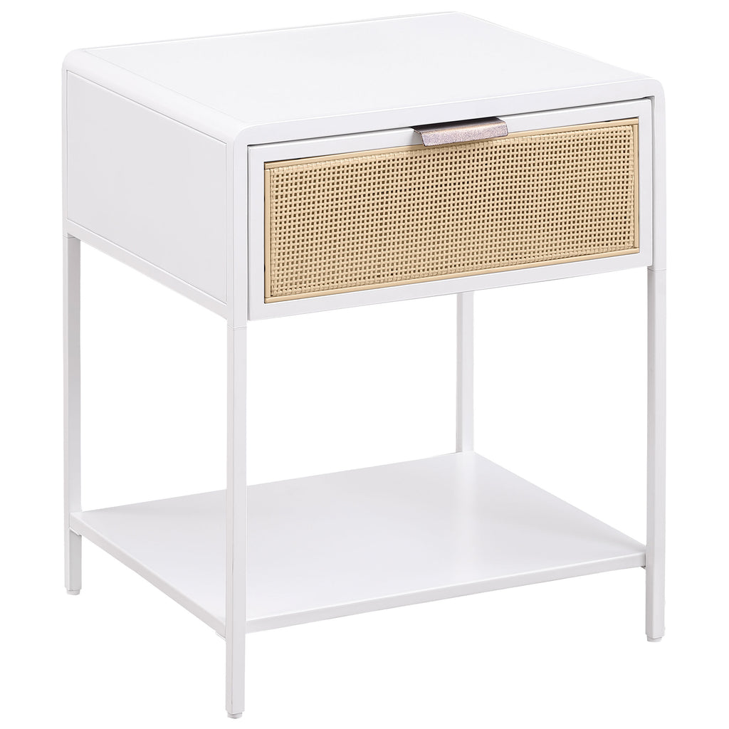 Duncan White 1-drawer Radio Weave Cane Metal Bedside Table in White with Black Powder-Coated Steel Frame and Engineered Wood Top