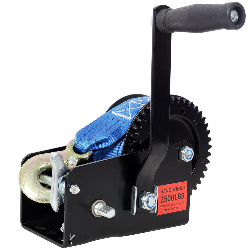 2500LBS Hand Winch,with 32.8FT Blue Strap,Black Shell,4.1:2.4:1 Gear Ratio Portable Winch,Two-Way Ratchet,Manual Operated Hand Crank Winch for Trailer, Boat or ATV Towing