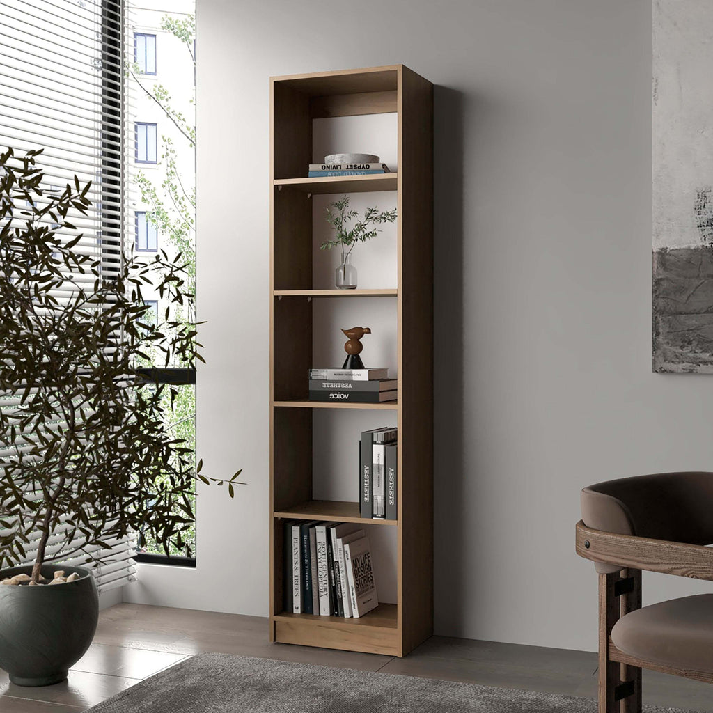 Natural Oak and White 5-Shelf Bookcase with Open Storage