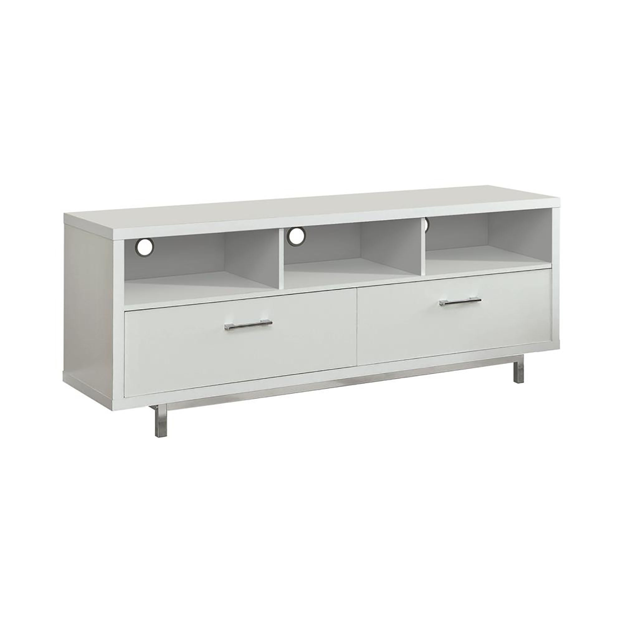 Modern White 60-inch Drawer Storage TV Console with Chrome Legs and Open Cubbies - Wood Finish
