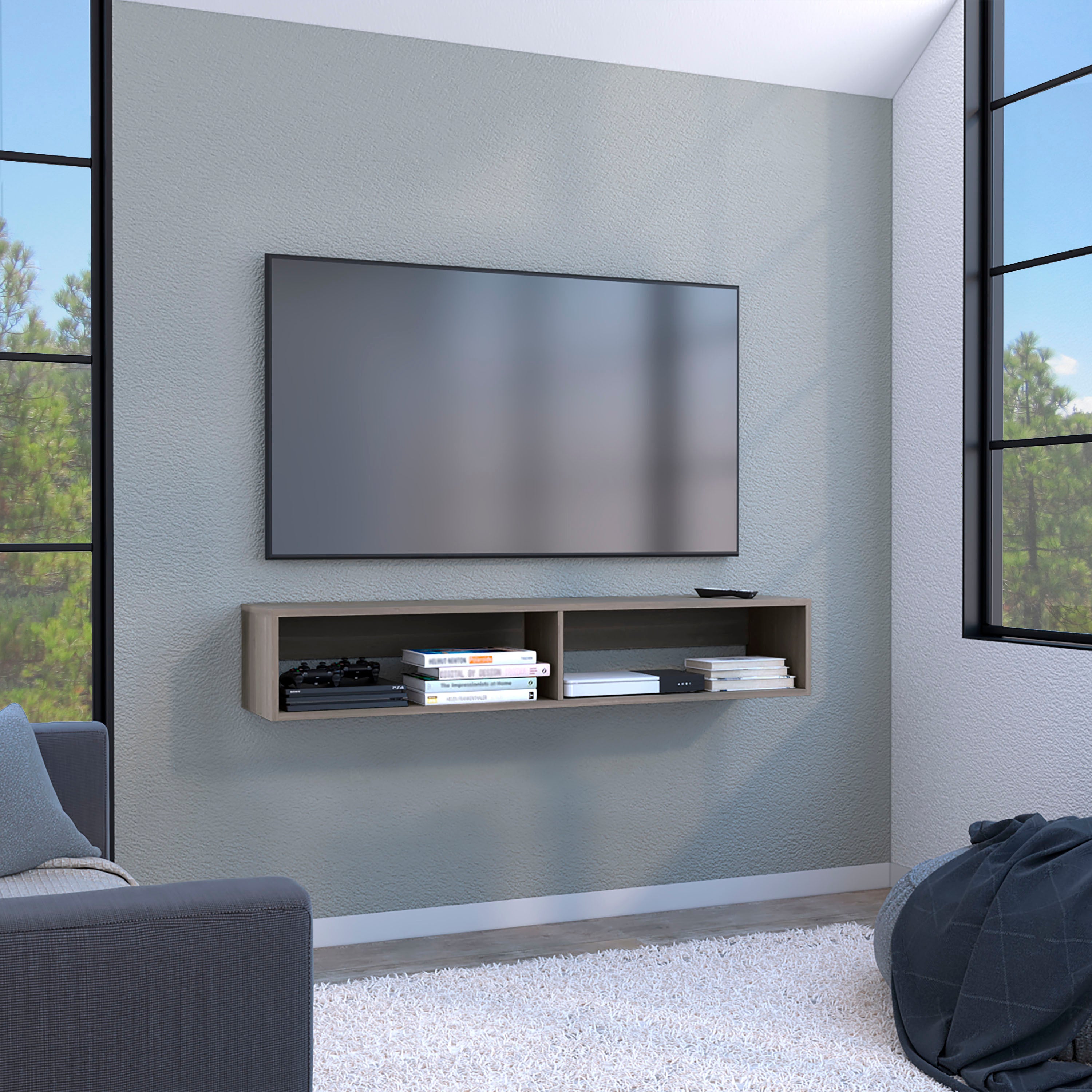 Warrior 59' Floating Tv Stand with Two open shelves, media compartments and cable management Light Gray