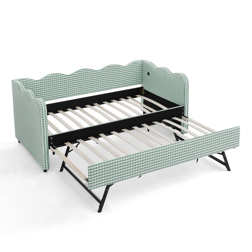 Cozy Gingham Daybed with Trundle Twin Size Sofa Bed in Cyan Linen Fabric, No Box Spring Needed, USB Charging Port, Wave-Shaped Design