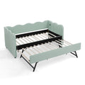 Cozy Gingham Daybed with Trundle Twin Size Sofa Bed in Cyan Linen Fabric, No Box Spring Needed, USB Charging Port, Wave-Shaped Design