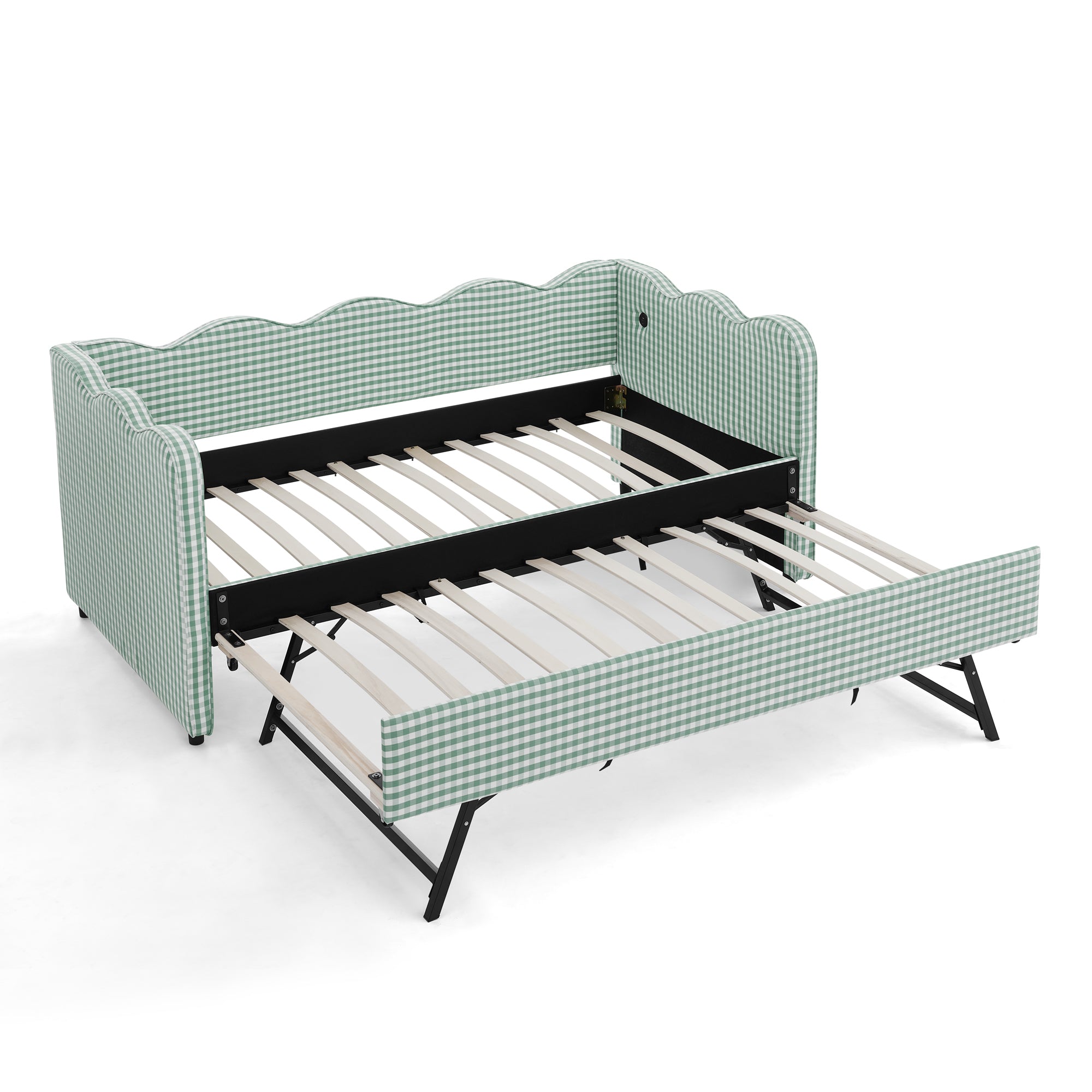 Cozy Gingham Daybed with Trundle Twin Size Sofa Bed in Cyan Linen Fabric, No Box Spring Needed, USB Charging Port, Wave-Shaped Design