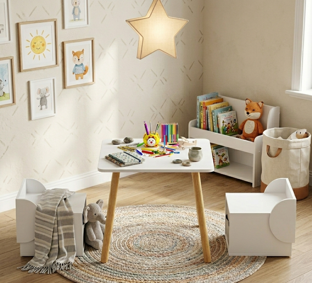 Kids Table and 2 Chair Set with Storage Bins, 3-Piece Toddler Activity Play Table for Arts & Crafts, Reading, Drawing, Wooden Children Furniture for Playroom & Bedroom, White & Natural