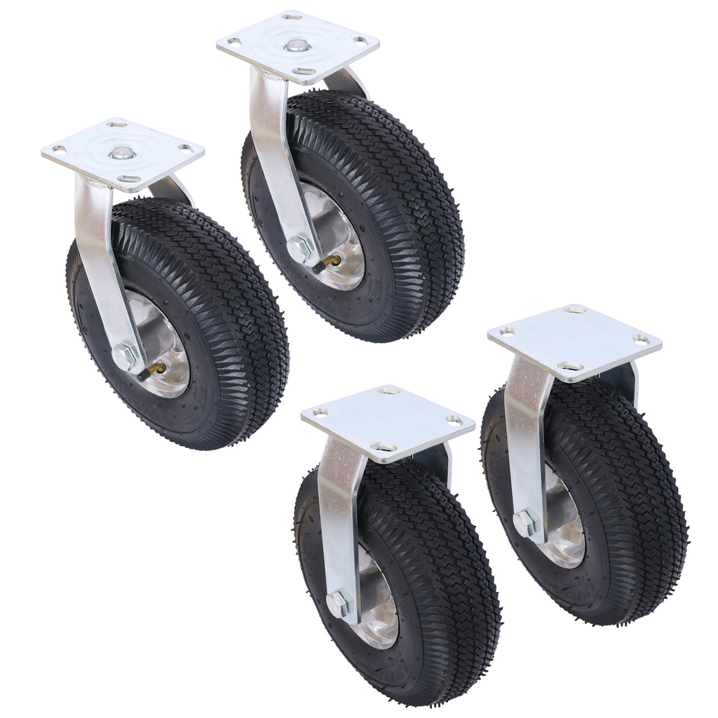 4PCS 10IN CASTER pneumatic tire(2PCS SWIVEL+2PCS RIGID), Caster Wheel, Steel Hub with Ball Bearings, 5/8-Inch Bore Centered Axle -black