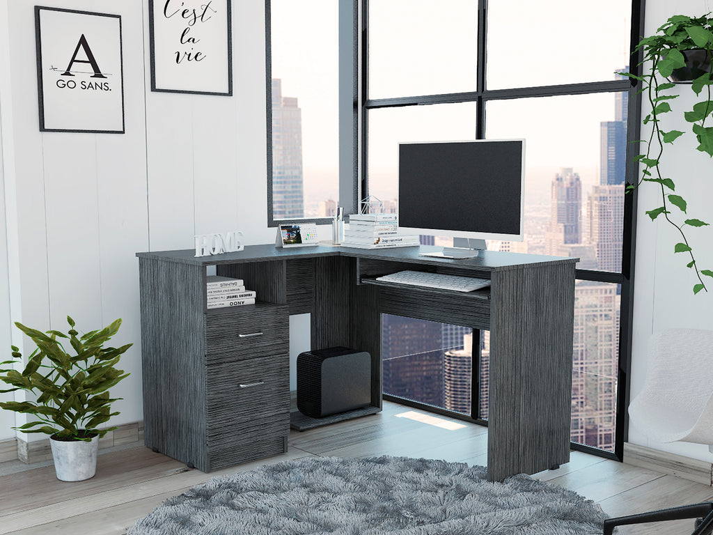 Mix L-Shaped Desk, Keyboard Tray, Two Drawers, Single Open Shelf -Smokey Oak