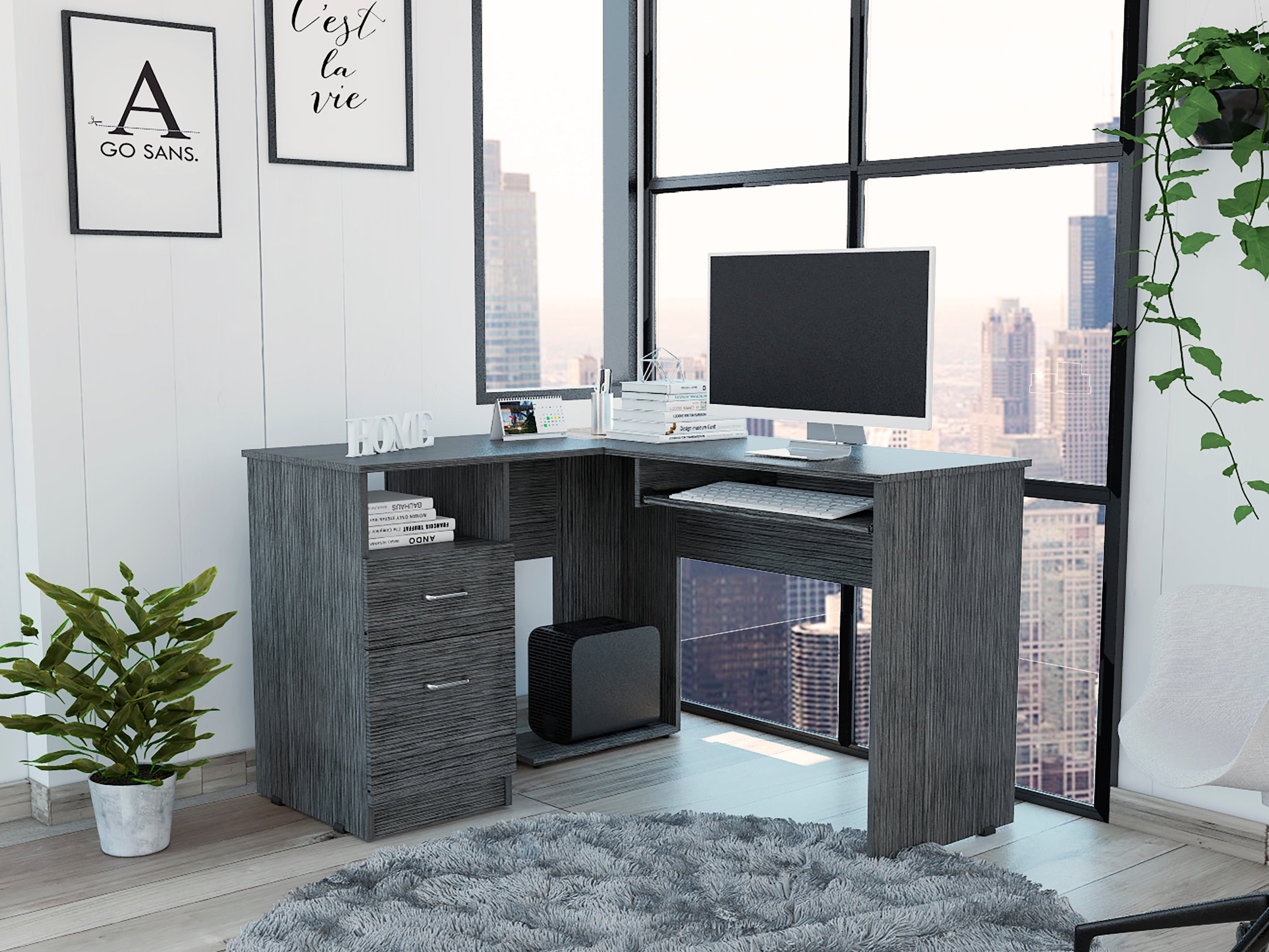 Mix L-Shaped Desk, Keyboard Tray, Two Drawers, Single Open Shelf -Smokey Oak