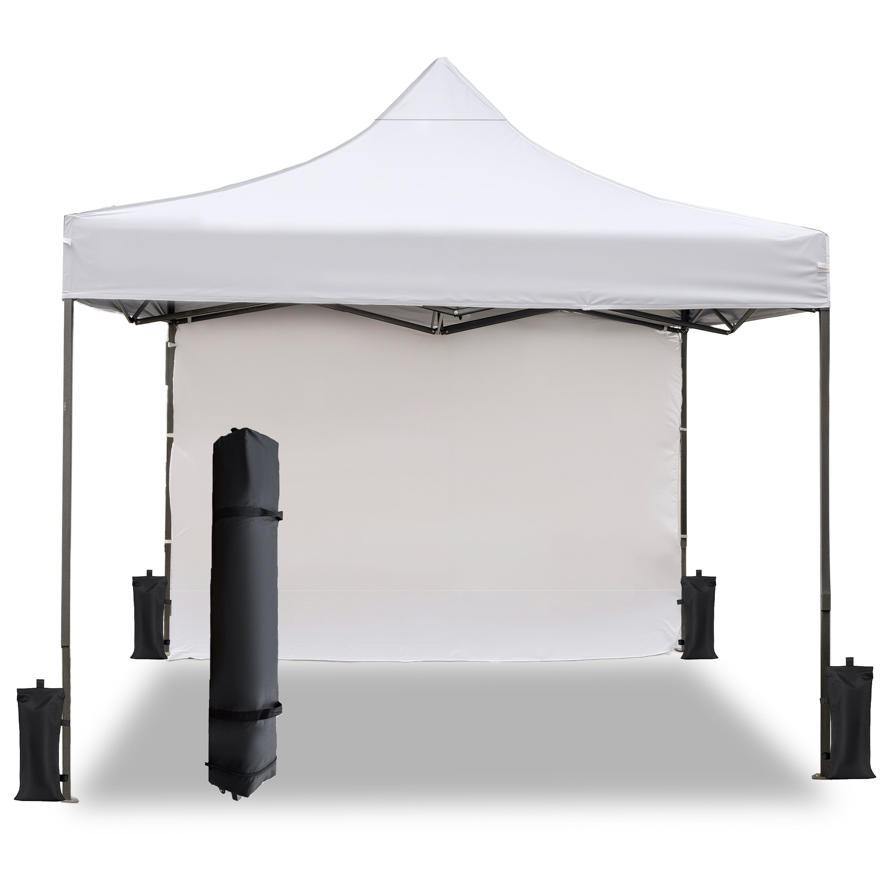10x10 Pop Up Canopy Tent w/ 1 Sidewall, Black Speckled Steel Frame, White Silver-Coated Top UPF50+ Water-Resistant, 4 Adjustable Heights (6.7-7.6 ft ), Includes Sandbags Stakes Ropes Carry Bag for Bea