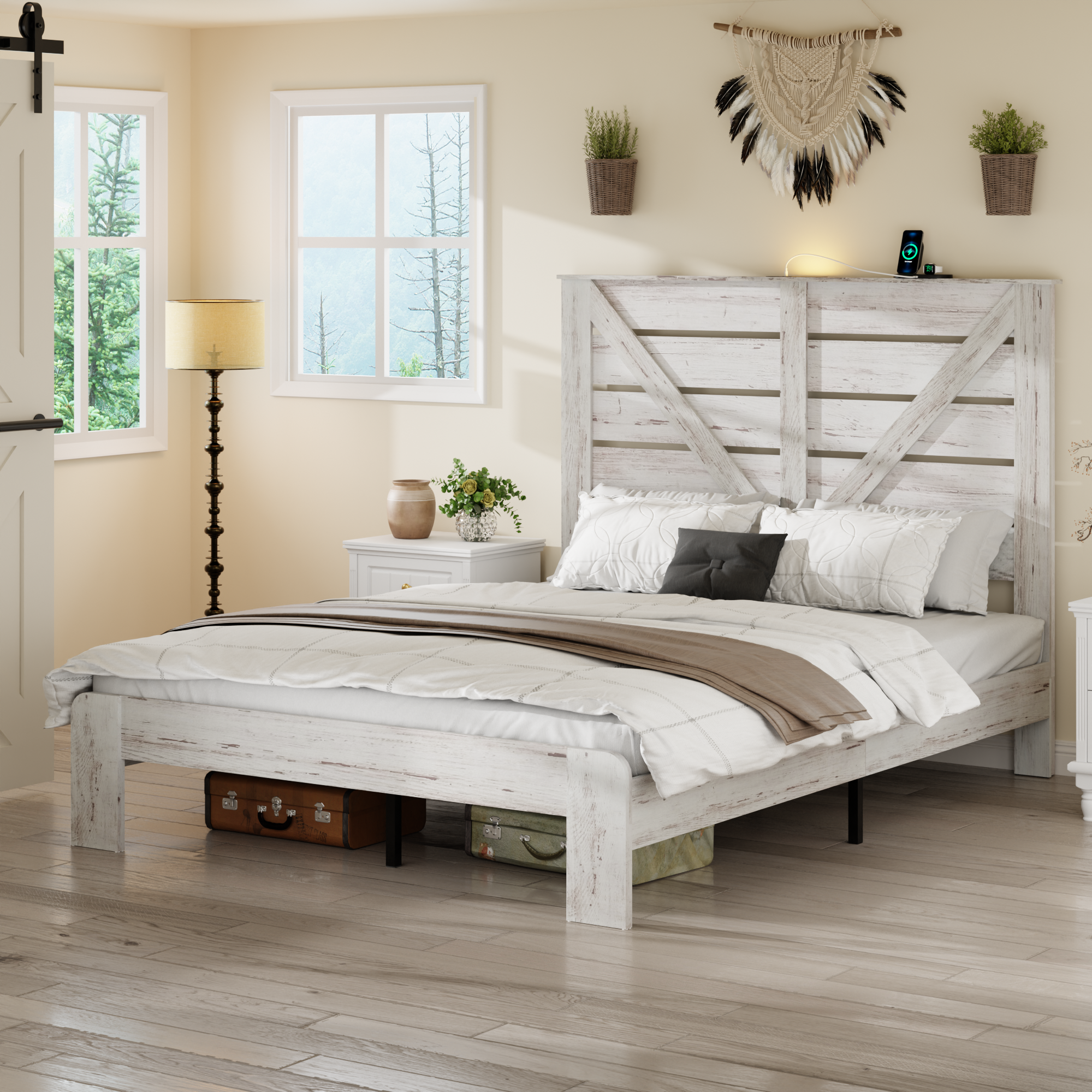 Full Bed Frame Headboard , Wood Platform Bed Frame , Noise Free,No Box Spring Needed and Easy Assembly Tool,Large Under Bed Storage,White