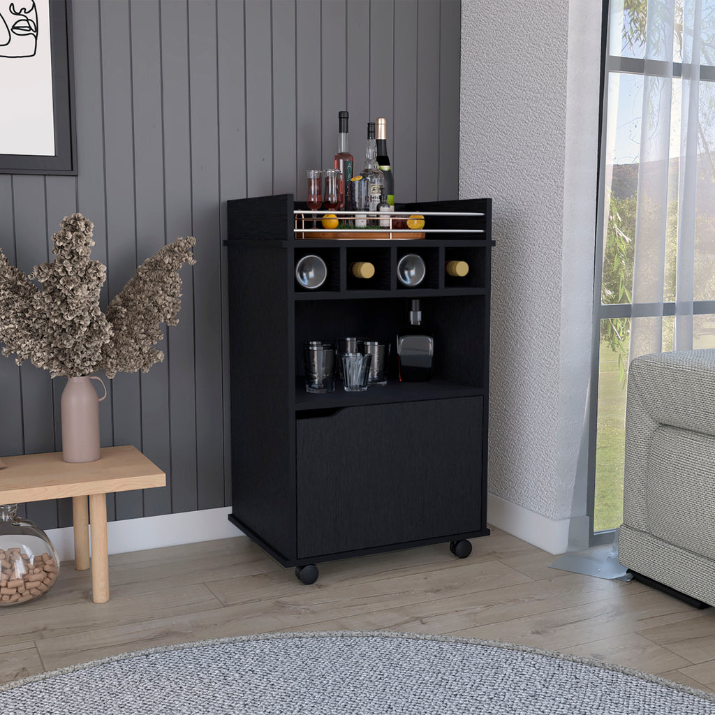 Phoenix Bar Cart with 2 Open Shelves  4 Cubbies and Cabinet