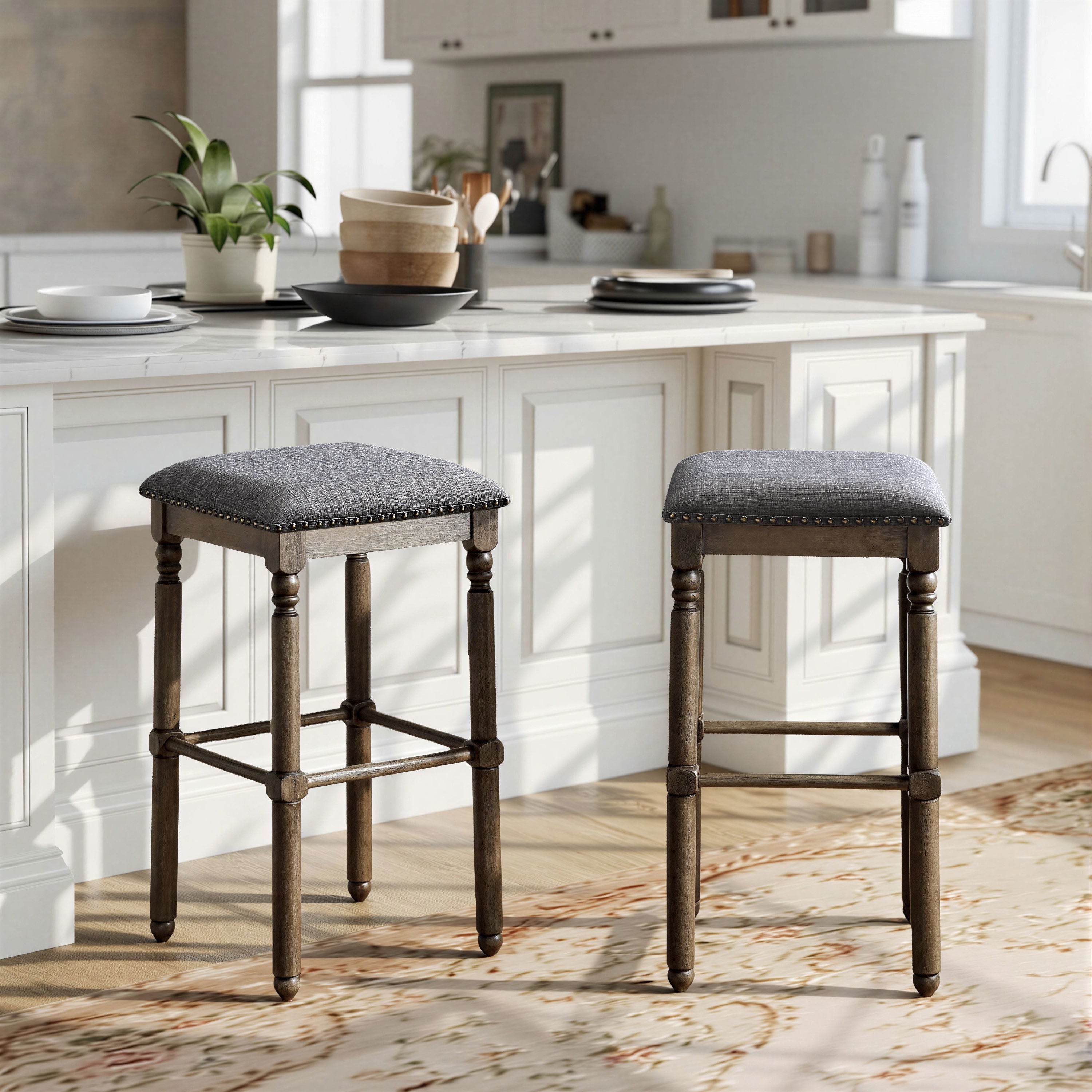 Arnhem Wood Upholstered Bar Stools, Set of 2, Grey