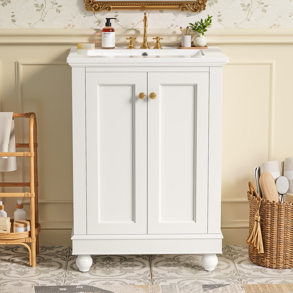 24 inch Modern Bathroom Vanity Cabinet, Simple & Elegant Design with Soft-Closing Storage, Adjustable Shelf, Bathroom Vanity with Ceramic Sink