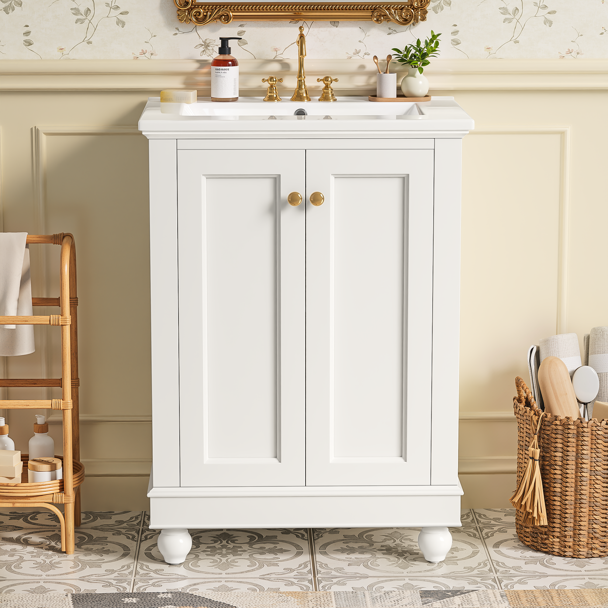 24 inch Modern Bathroom Vanity Cabinet, Simple & Elegant Design with Soft-Closing Storage, Adjustable Shelf, Bathroom Vanity with Ceramic Sink