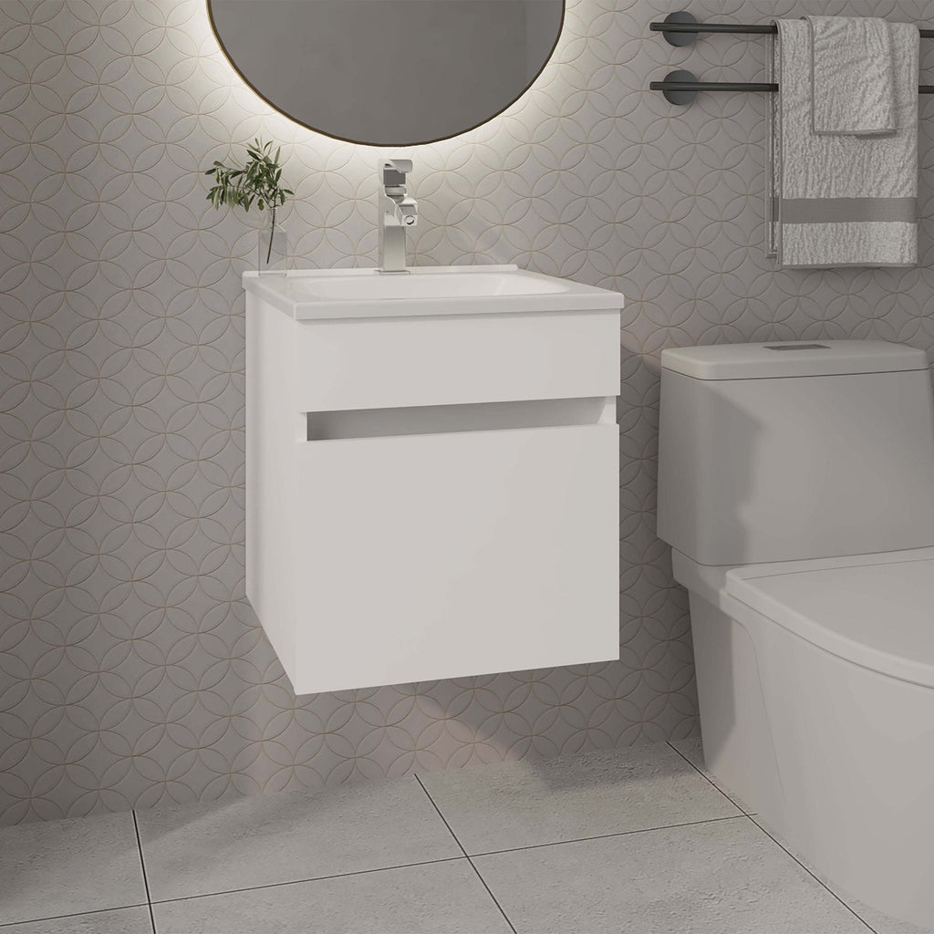 White Bathroom Floating Vanity with Sink and 1 Door