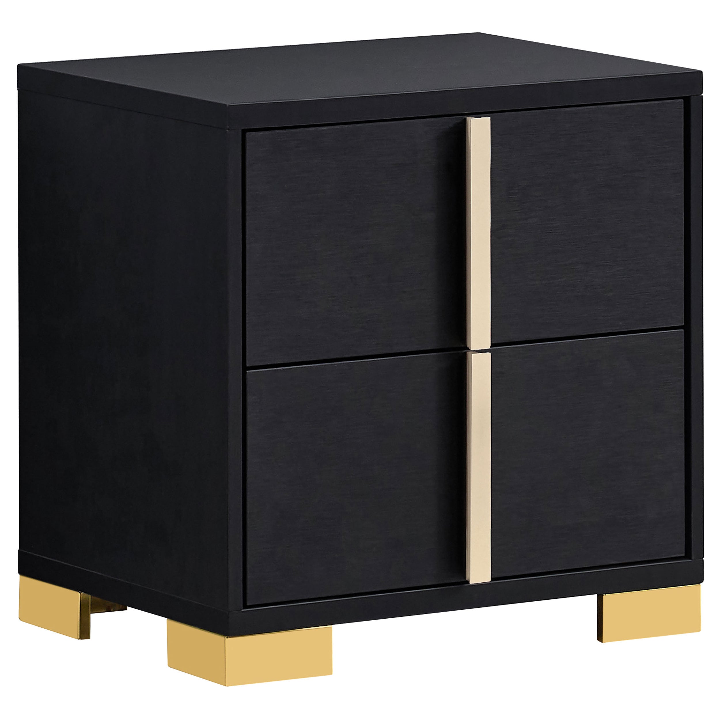 Jeremiah Black 2-Drawer Nightstand: Modern Storage with Gold Accents, Black Finish, Engineered Wood, 22.25H x 21.75W x 16.25D