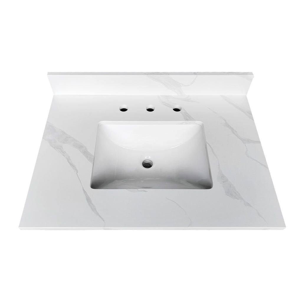 31-inch Quartz Bathroom Vanity Top, 3/4' Thick with Undermount Single Bowl Middle Sink, 4 Inch High Backsplash, 3 Pre-Drilled Faucet Hole, Stain & Heat Resistant, Carrara White Quartz with Veins