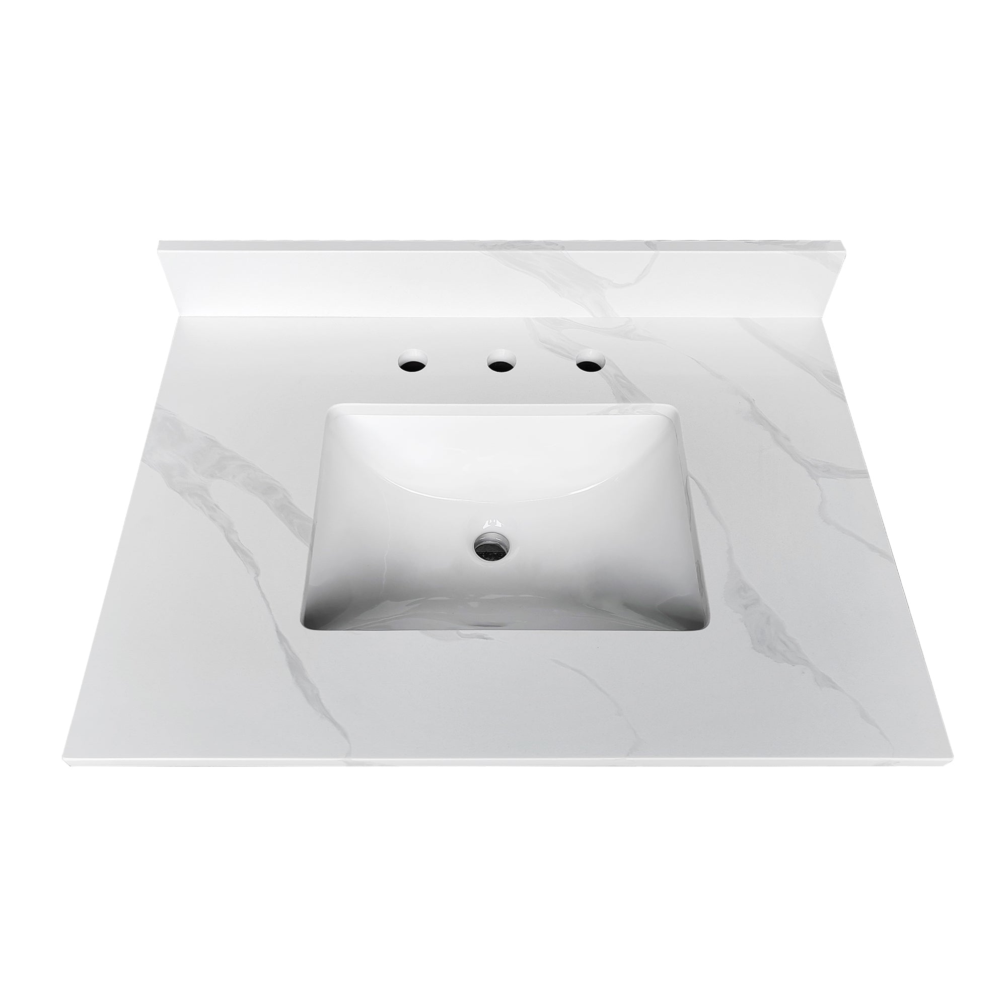 31-inch Quartz Bathroom Vanity Top, 3/4' Thick with Undermount Single Bowl Middle Sink, 4 Inch High Backsplash, 3 Pre-Drilled Faucet Hole, Stain & Heat Resistant, Carrara White Quartz with Veins
