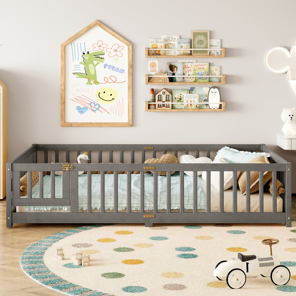 Queen Size Bed Floor Bed with Safety Guardrails and Door for Kids, Wood grain gray.