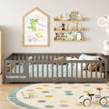 Queen Size Bed Floor Bed with Safety Guardrails and Door for Kids, Wood grain gray.