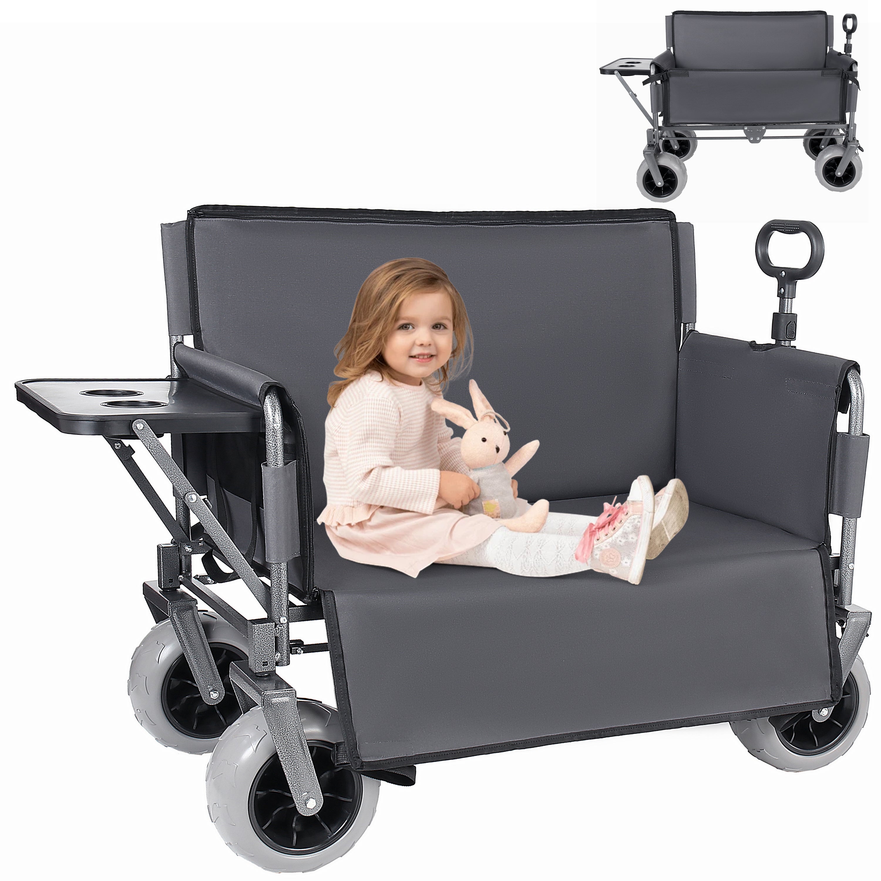 3-in-1 Collapsible Wagon Converts to Bench Convertible Folding Wagon Cart with Rear-Mounted Folding Tabletop, 500lbs Heavy-Duty, 180L Capacity for Camping, Beach, Garden, Fishing-Gray