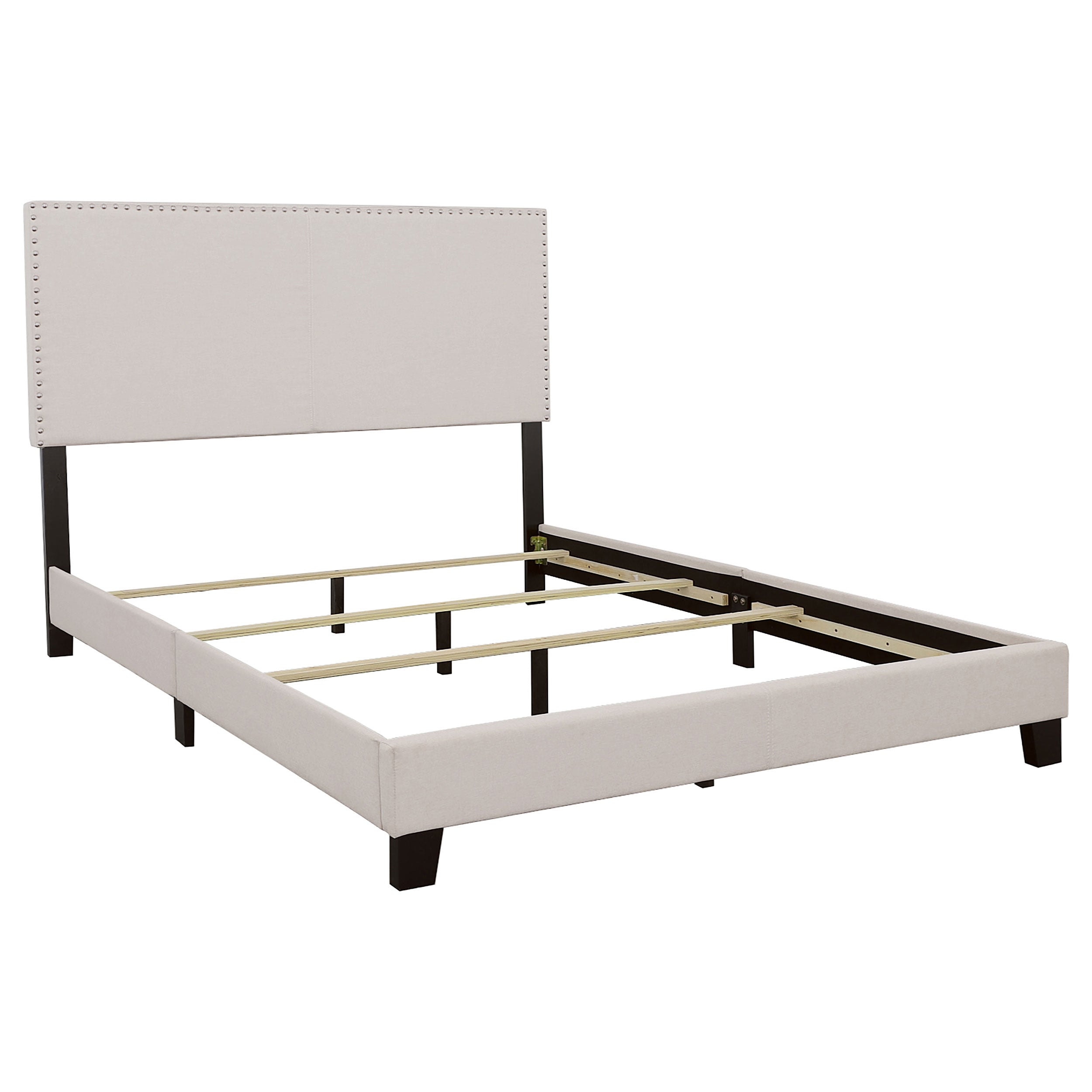 Ivory Queen Bed with Nailhead Trim in Chrome Accents, Upholstered Fabric on Solid Wood Frame, 64.25 x 87 x 49.5 Inches