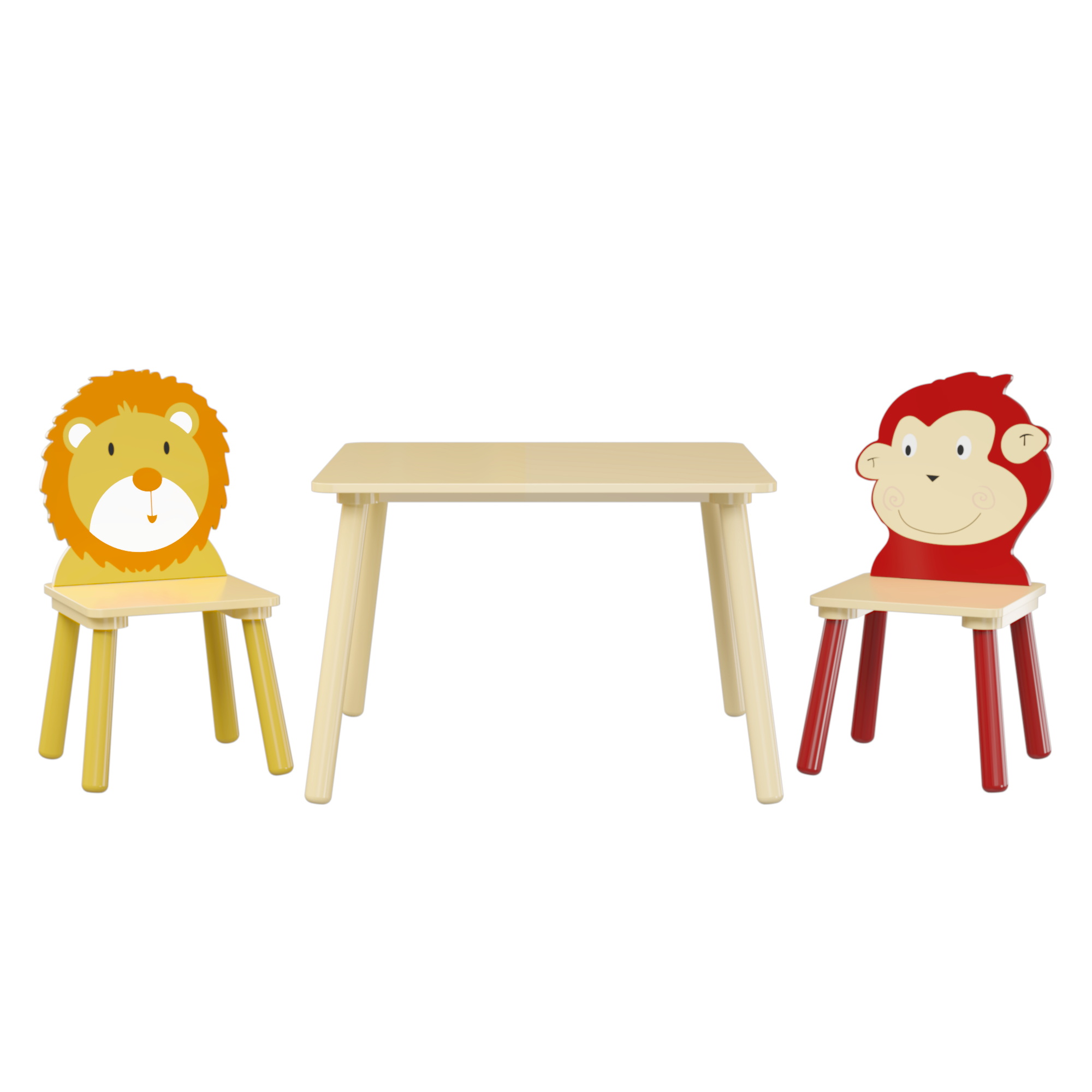 Lion & Monkey Wooden Activity Play Table Set for Kids, 3-Piece Toddler Table and Chair Set in Yellow & Red, Solid Wood & MDF, 23.6'' W x 23.6'' D x 17.3'' H