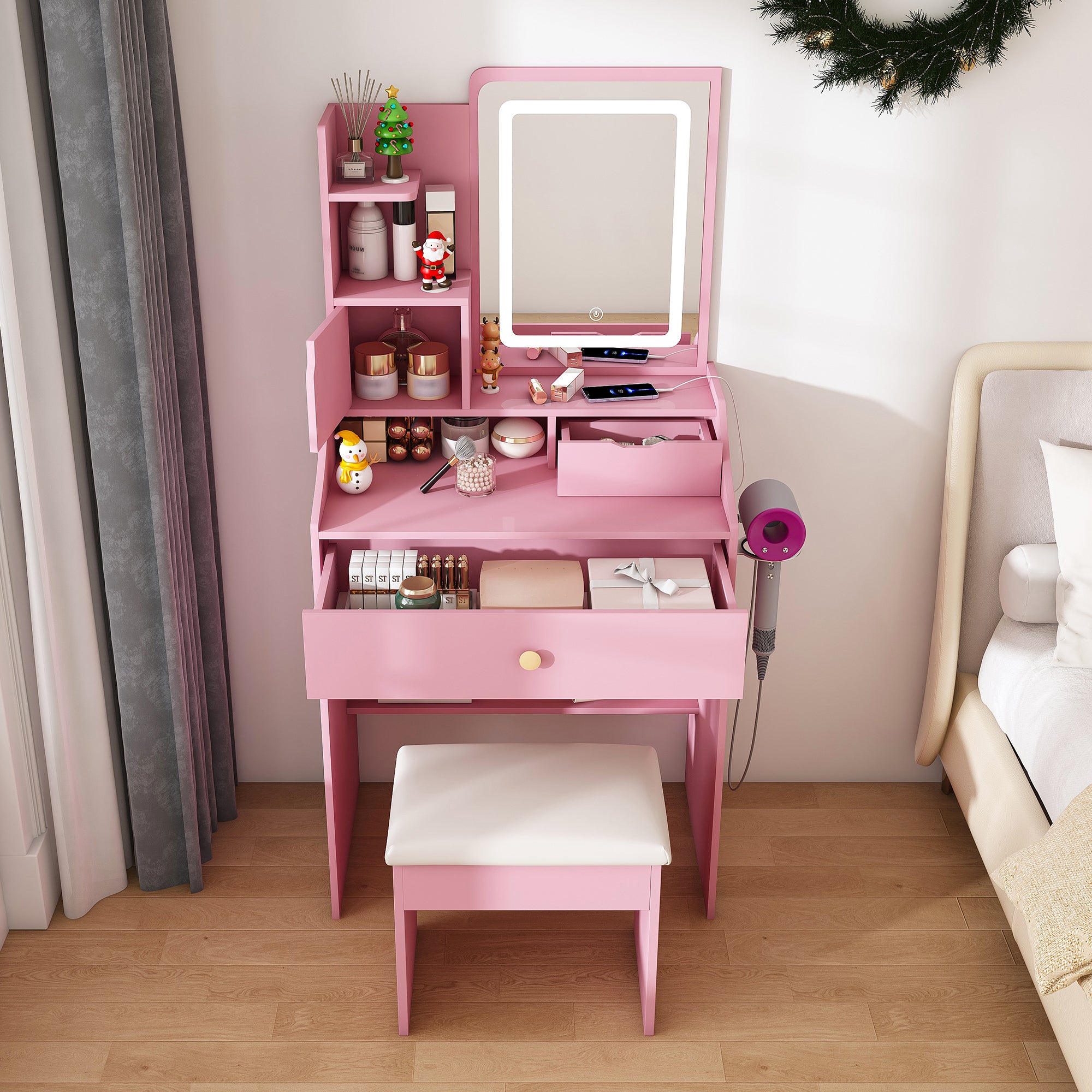 3-Color LED Vanity Mirror with Stool, Pink Dressing Table for Bedroom, 2 Drawers & 5 Storage Cabinets (4 Open + 1 Hidden), Adjustable Lighting (Pink)