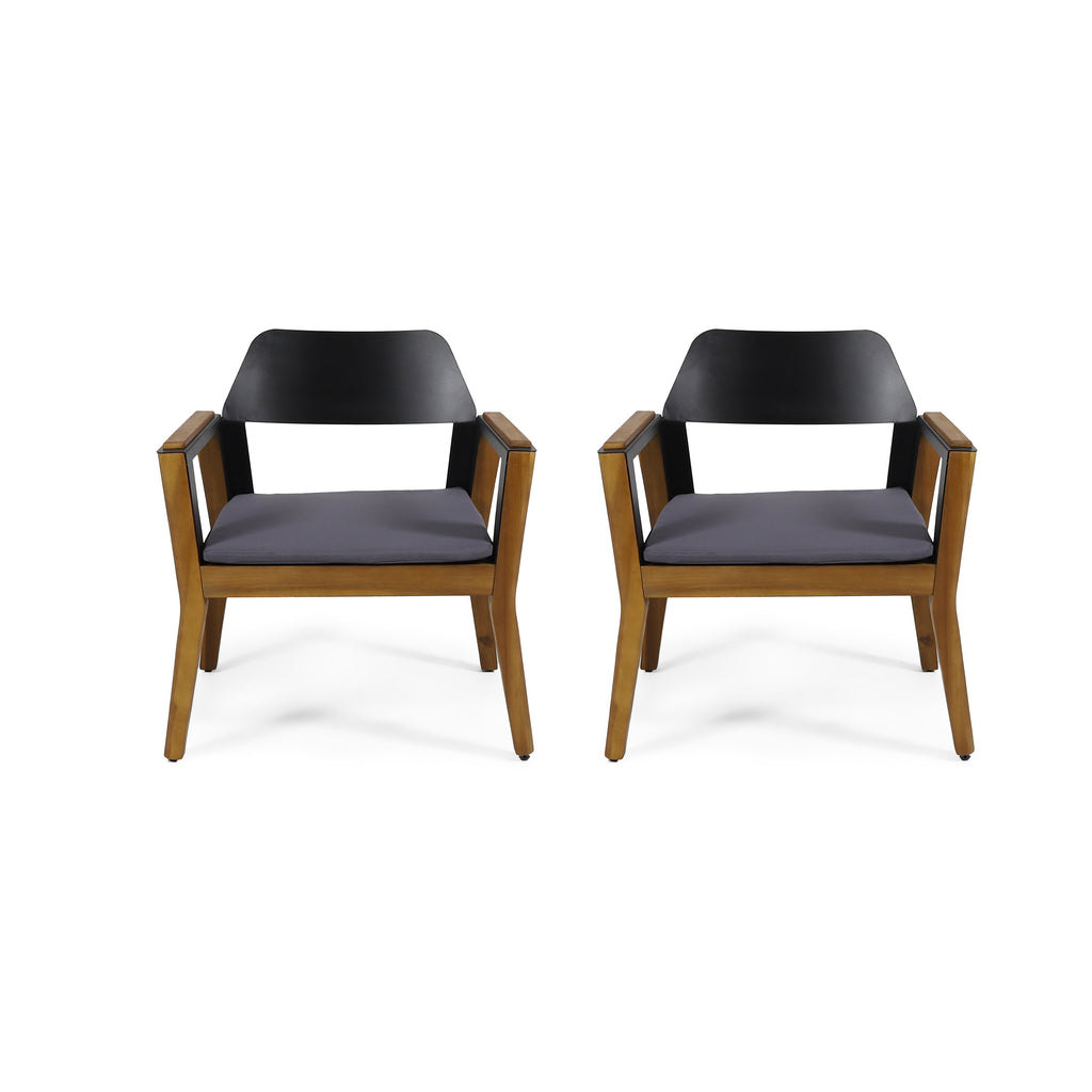 SOHO Transitional Style Outdoor Club Chair Set of 2 with Cushions in Teak Acacia Wood and Metal
