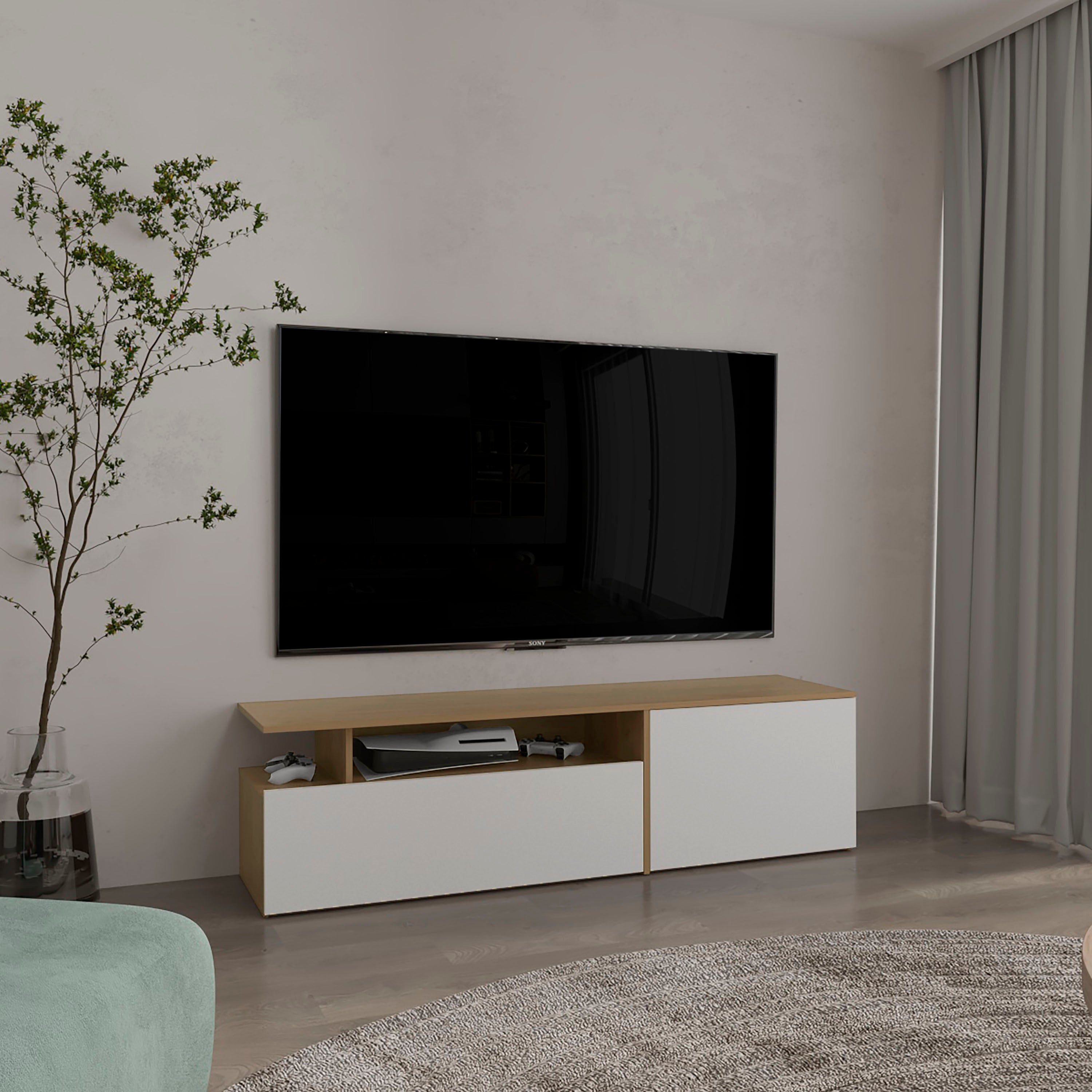 Selma Floating 63' Wide Tv Stand with Two Cabinets, Six Shelves, Cable Management , Entertainment Center for Living Room , Wall Shelf Cabinet Natural Oak - White