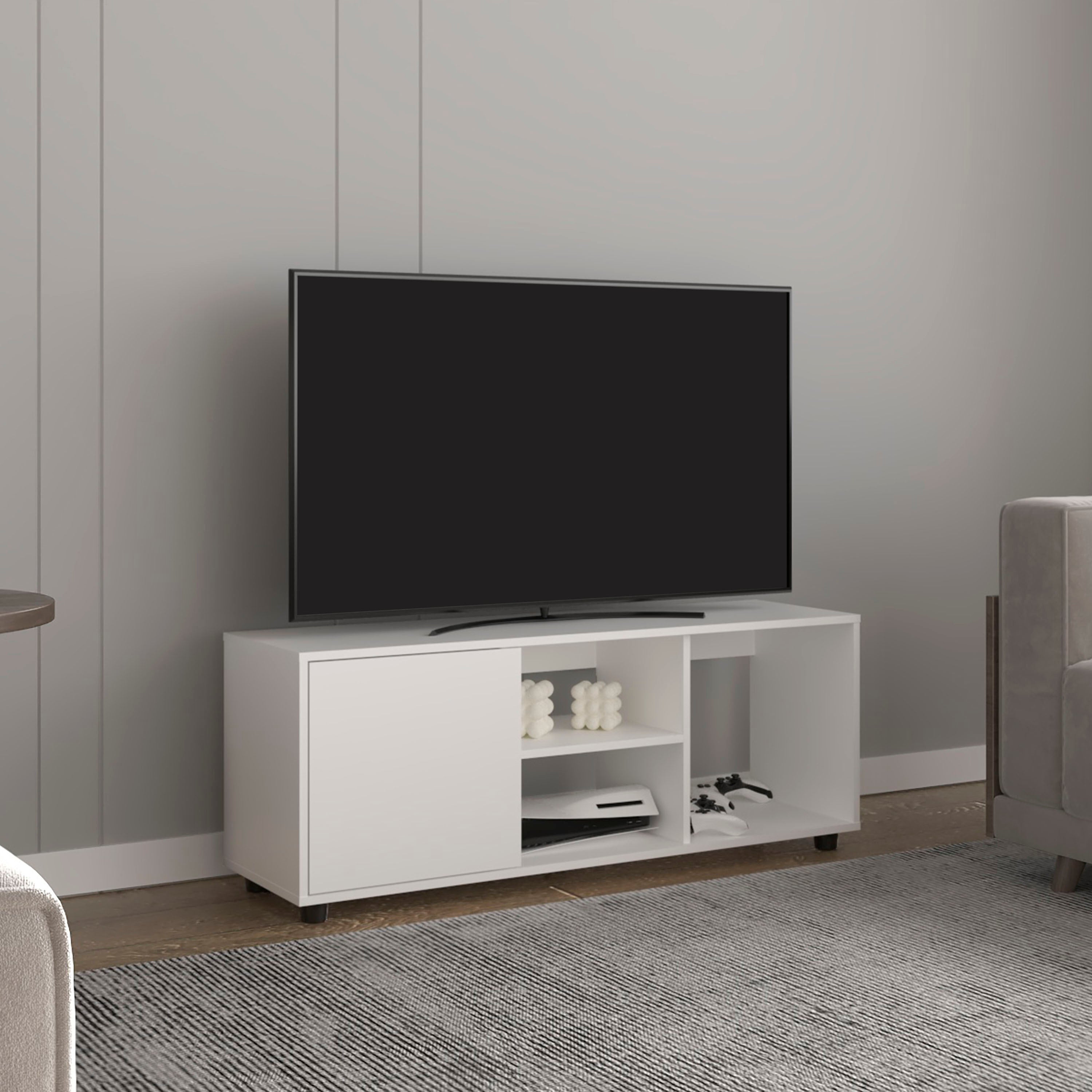 Adel 51' Wide Tv Stand with One Door Cabinet , Four Open Shelves, Cable Management, Living Room, Tv Room White