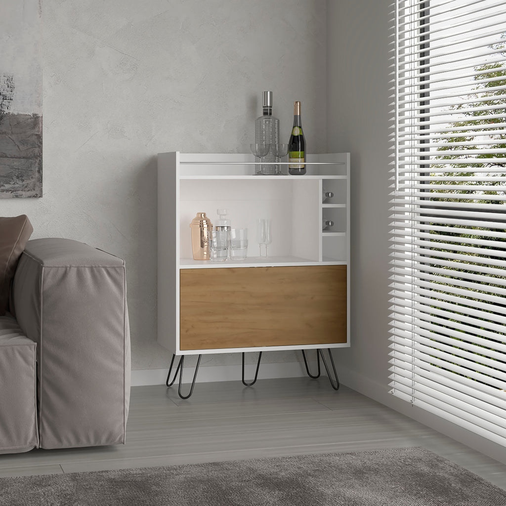 Tori 42' Tall One-Door Bar Cabinet with Three Cubbies, Three Shelves, Top Prep surface with Rail for Living room White - Natural Oak