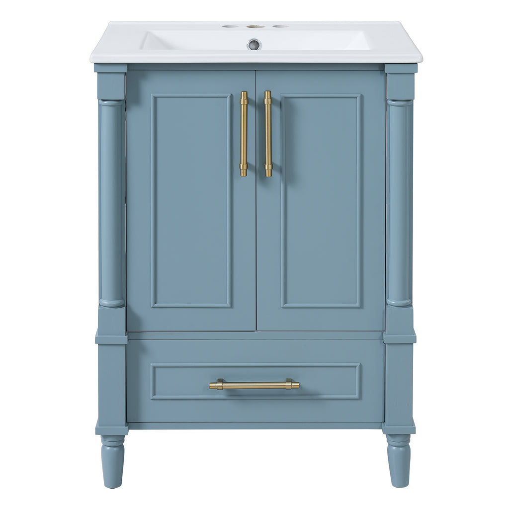 Modern Blue Bathroom Vanity with Ornate French Cylinder Legs, Soft-Close Drawer, Ceramic Sink, Solid Wood & MDF Construction, 24'