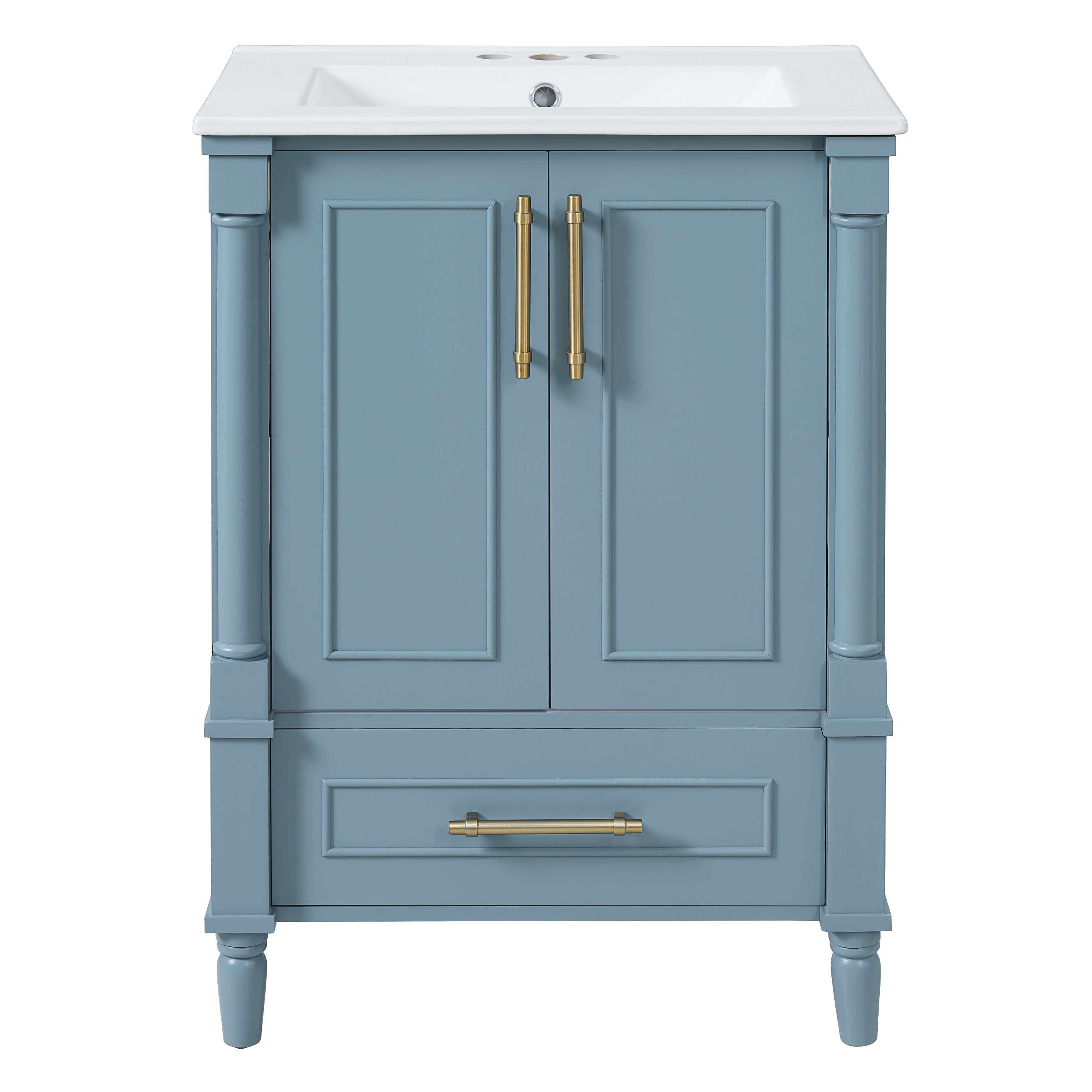 Modern Blue Bathroom Vanity with Ornate French Cylinder Legs, Soft-Close Drawer, Ceramic Sink, Solid Wood & MDF Construction, 24'